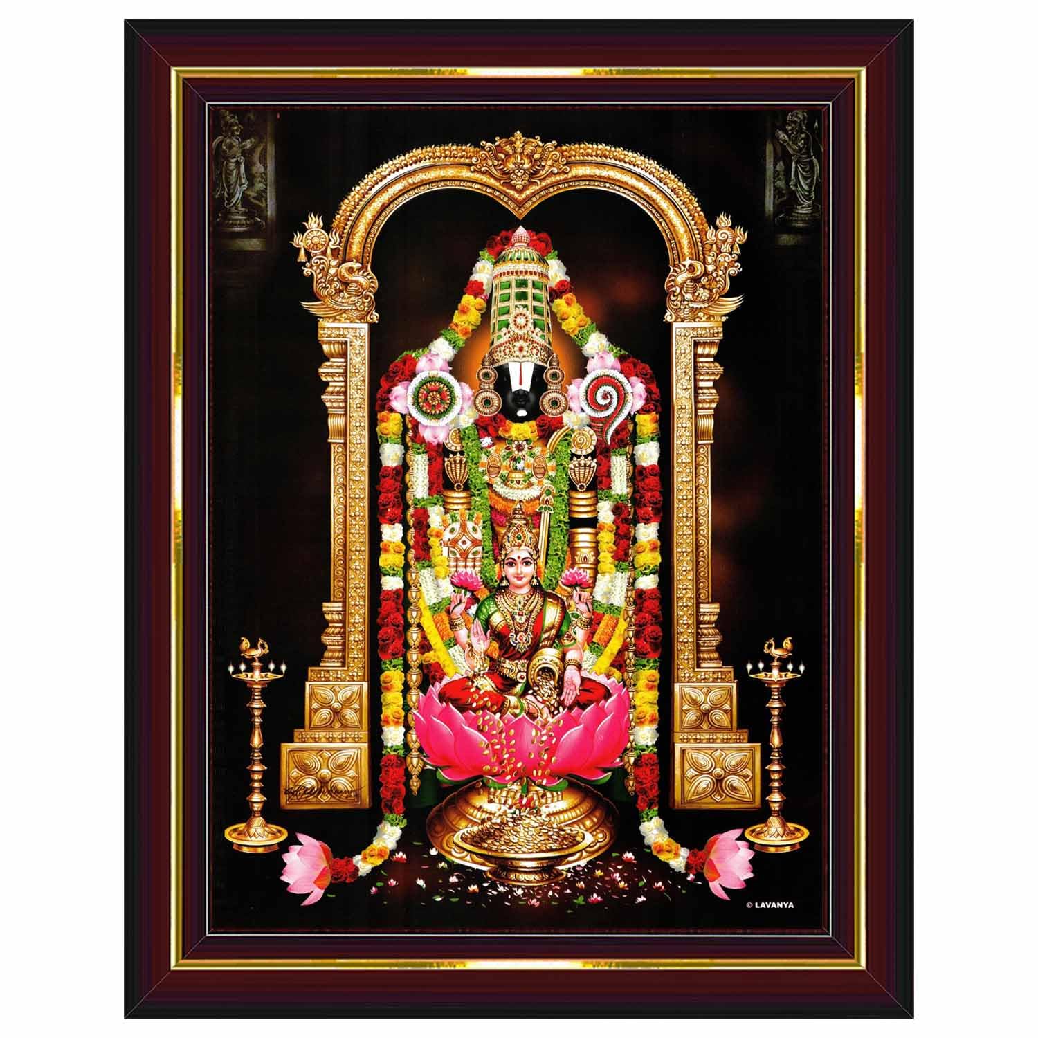 Pavan Photo Laminations Tirupati Balaji Lakshmi Venkateshwara Swamy Wall Painting Framed Home Decor (Wood,Matte,Brown,Small Size,6 x 8 Inch) B461S