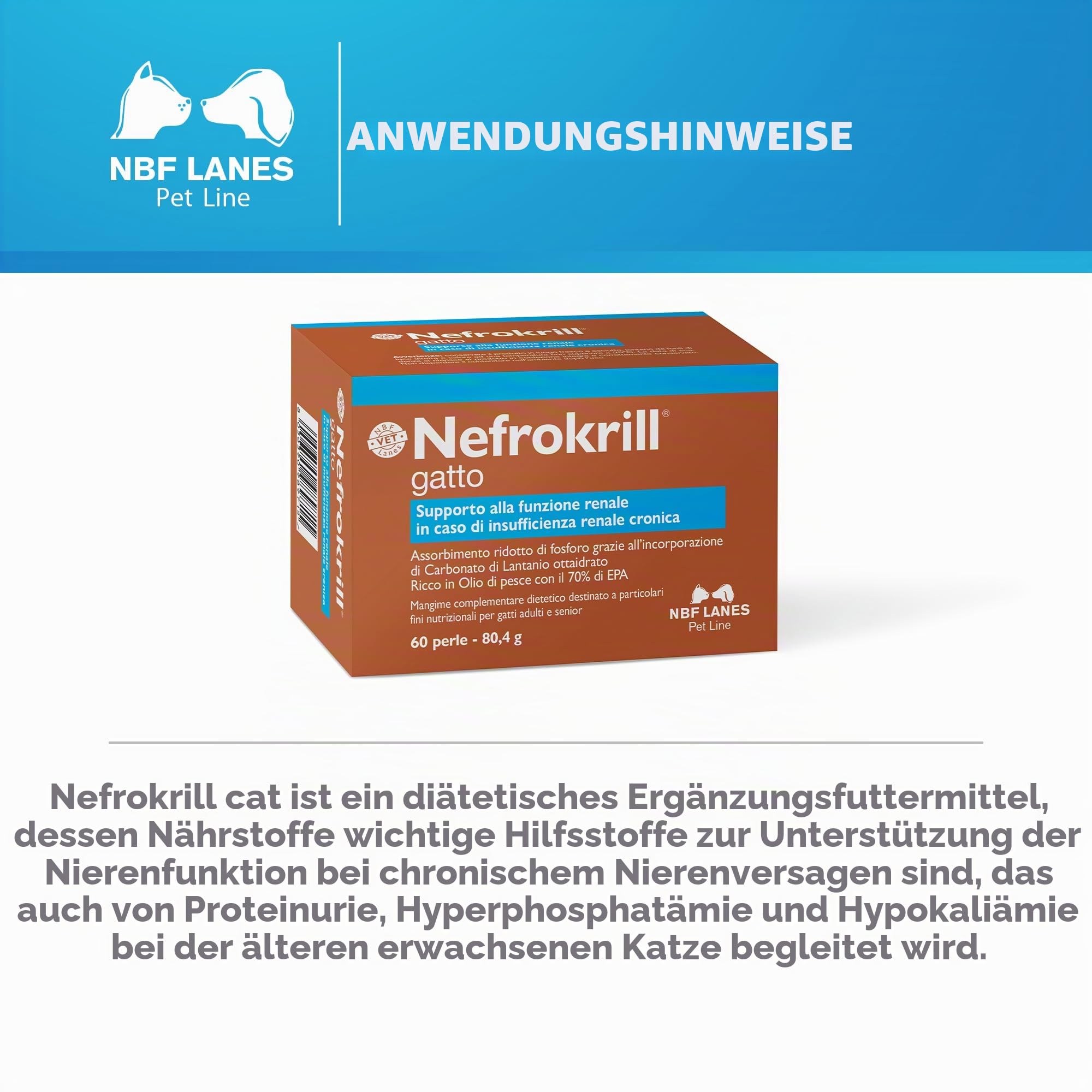 NBF Lanes | Nefrokrill Katze, Ergänzungsfuttermittel für Katzen, 60 Softgel-Perlen, Unterstützung der Nierenfunktion bei chronischer Niereninsuffizienz, für erwachsene und ältere Katzen