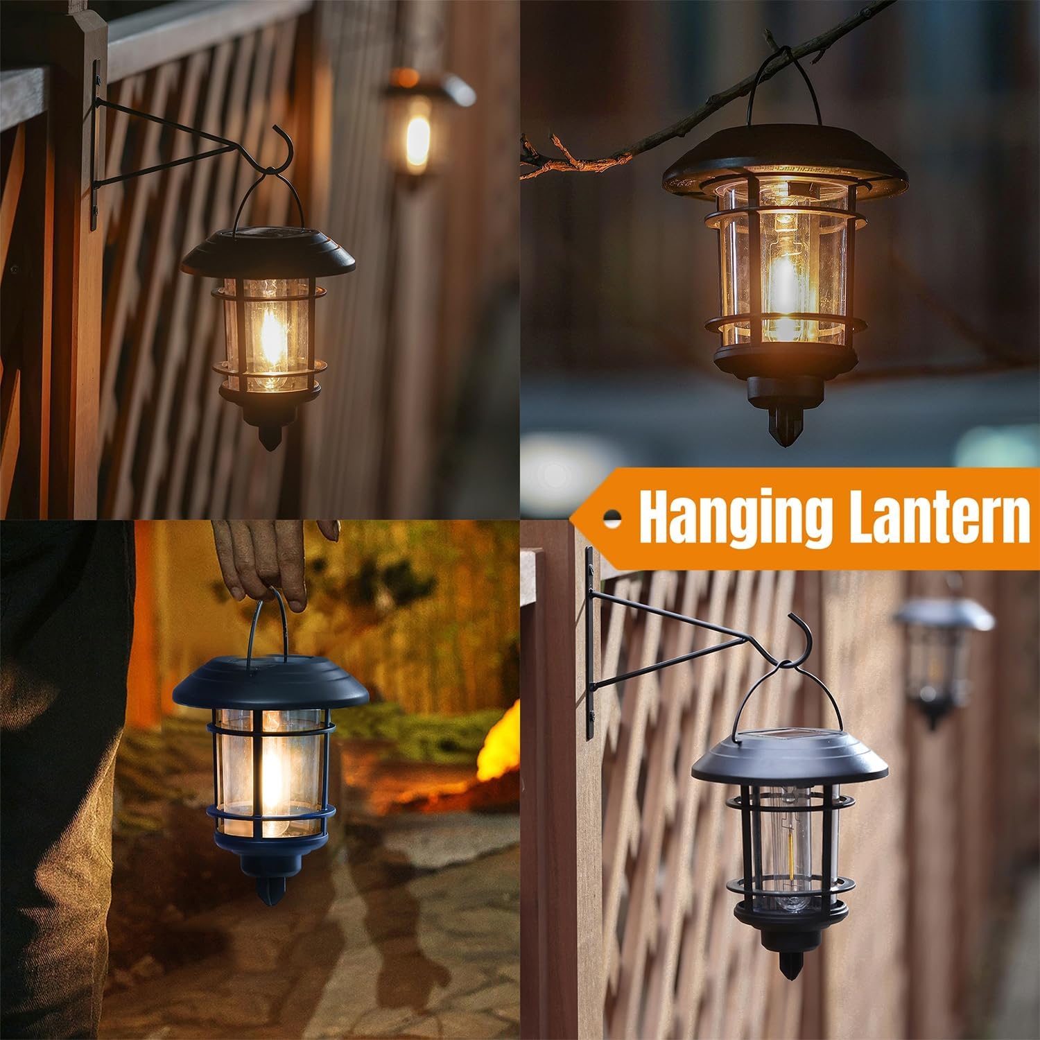 Dynaming 4 Pack Solar Lanterns Outdoor, Hanging Lantern Solar Garden Lights with Edison Bulb, Wall Mounted LED Light Auto On/Off, Waterproof for Garage Stair Patio Front Porch Yard, Warm White