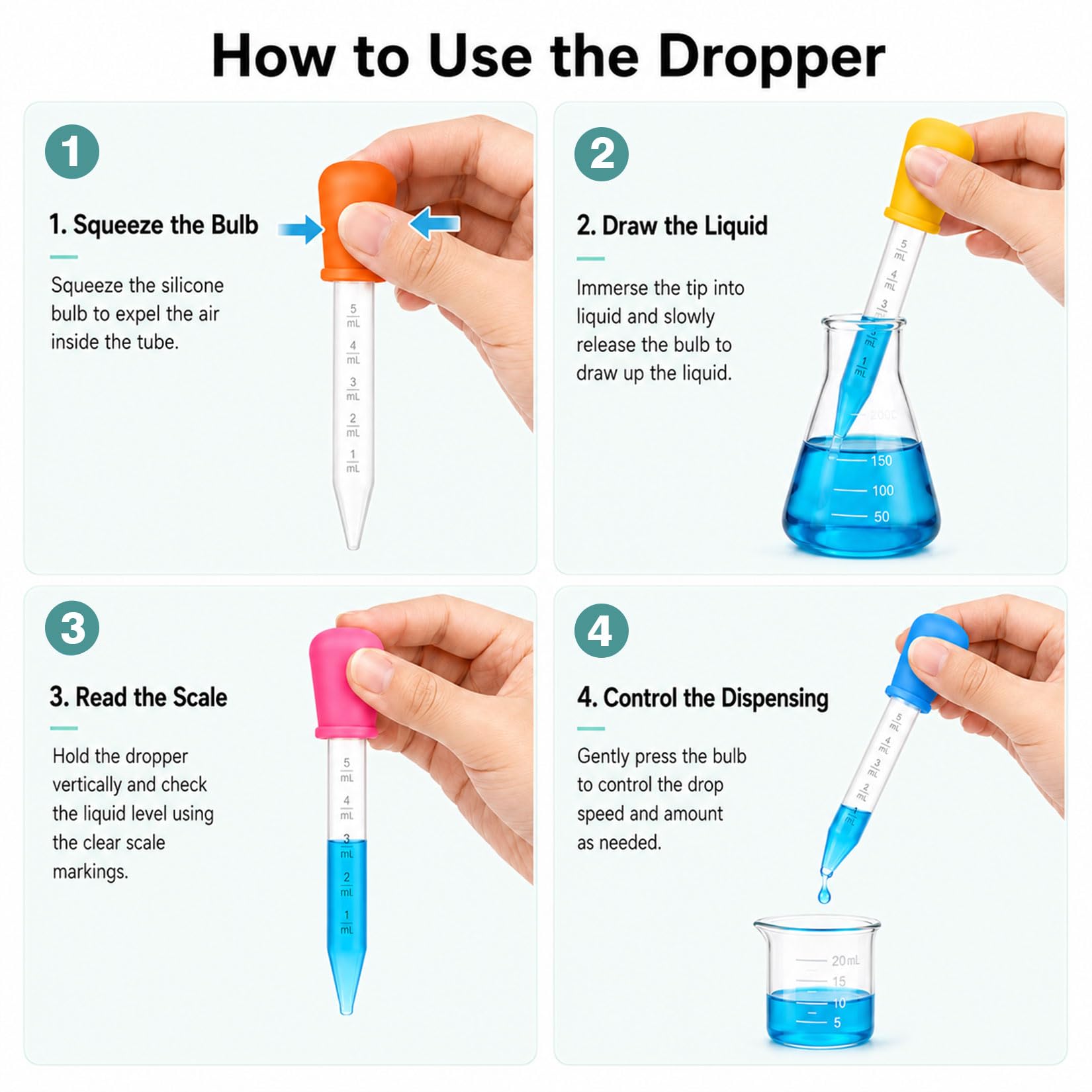 33er-Set Liquid Dropper, Plastik Pipetten Set mit 30 Pipette 5ml und 3 Reinigungsbürste Bunte Graduierte Silikon Pipetten Klein Tropfpipette Transparente für Gemälde Pflanze Süßigkeitenformen