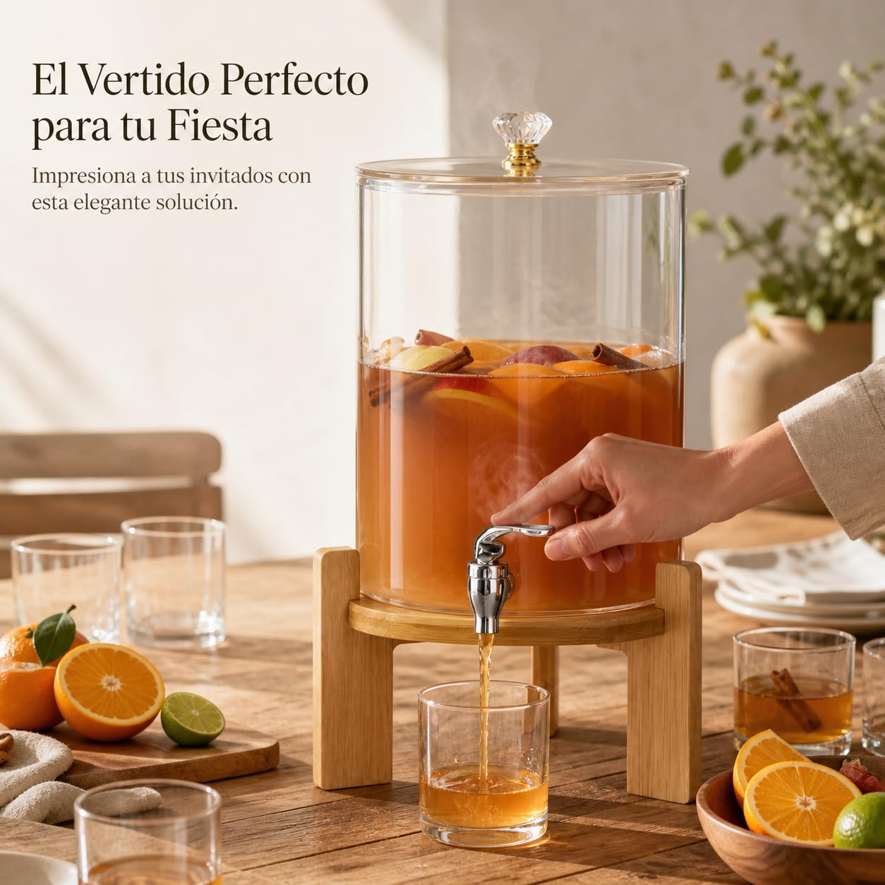 Dispensador Bebidas Vidrio Estilo, 4.5L + grifo + base bambú