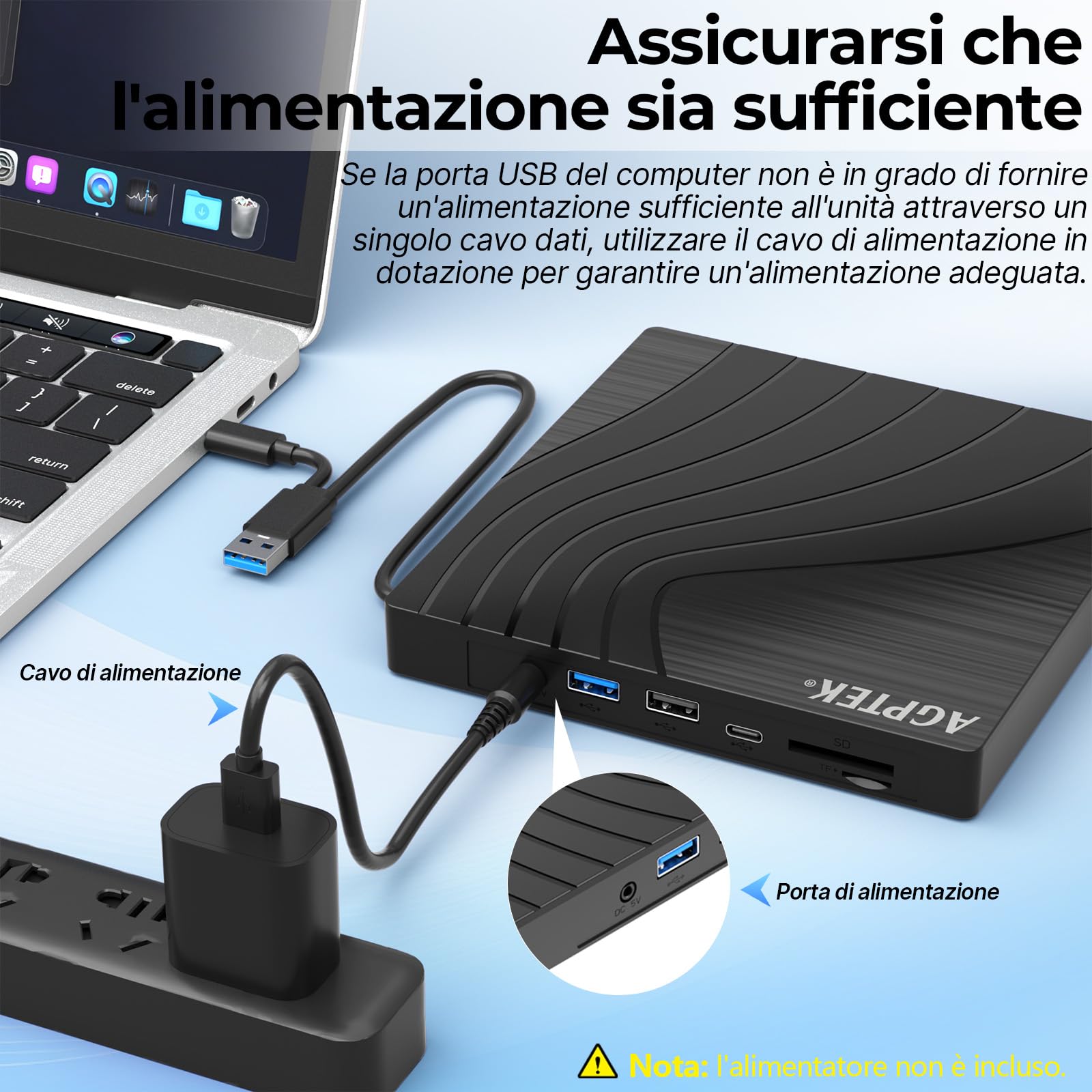 AGPTEK Unità CD/DVD esterna per laptop, lettore/scrittore CD/DVD per laptop, masterizzatore DVD sottile USB 3.0 con adattatore porte USB e slot per schede TF/SD, PC, MacBook, Windows, Linux, Mac OS