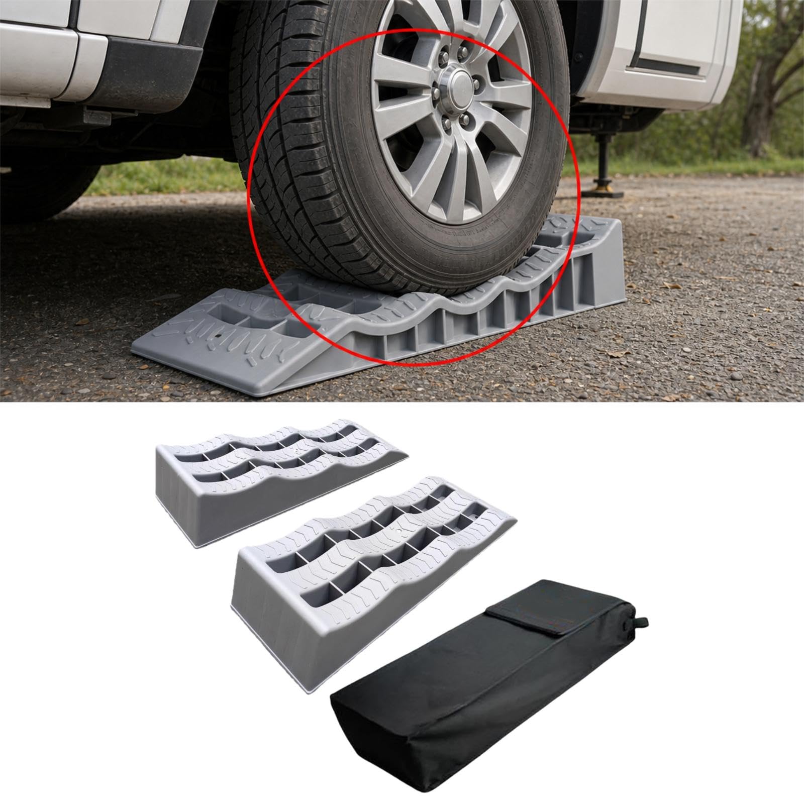 2 Piezas para Neumáticos Calzos Alfombrillas Antideslizantes Protectores de Rueda Material Resistente con Gran Soporte de Carga y Estabilidad, Gris