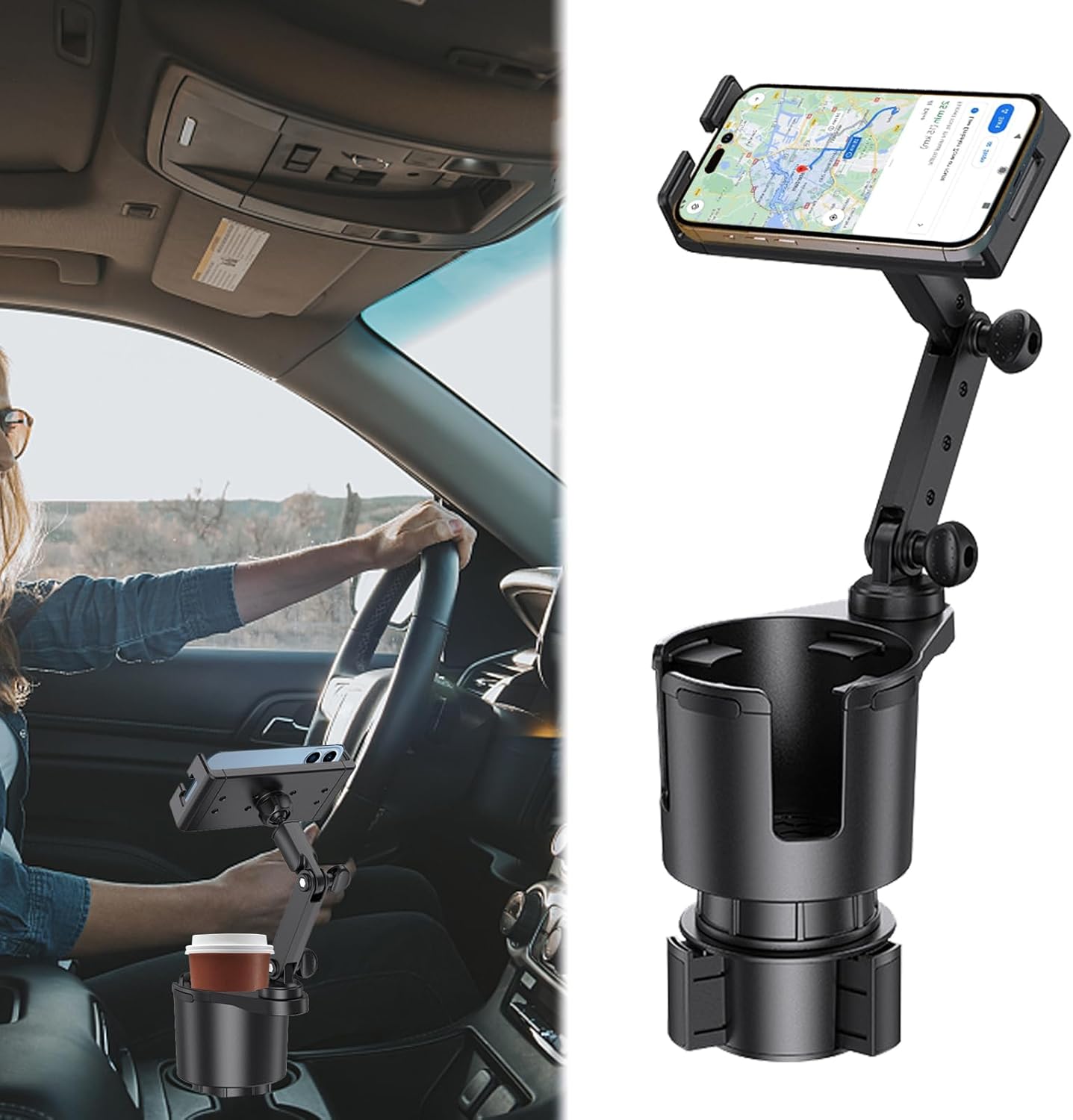 Cup Holder Phone Mount for Car,2 in 1 Adjustable Cup Holder Expander with 360