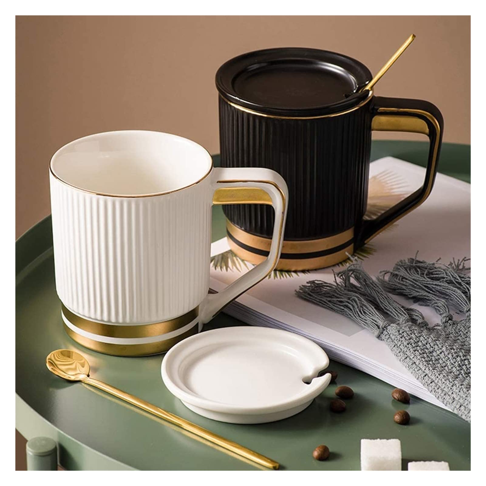 Taza de café de cerámica, taza de té para oficina y hogar, taza de café de cerámica con tapa y cucharadita dorada, decoración de borde dorado, taza de desayuno de gran capacidad, taza de té Wate
