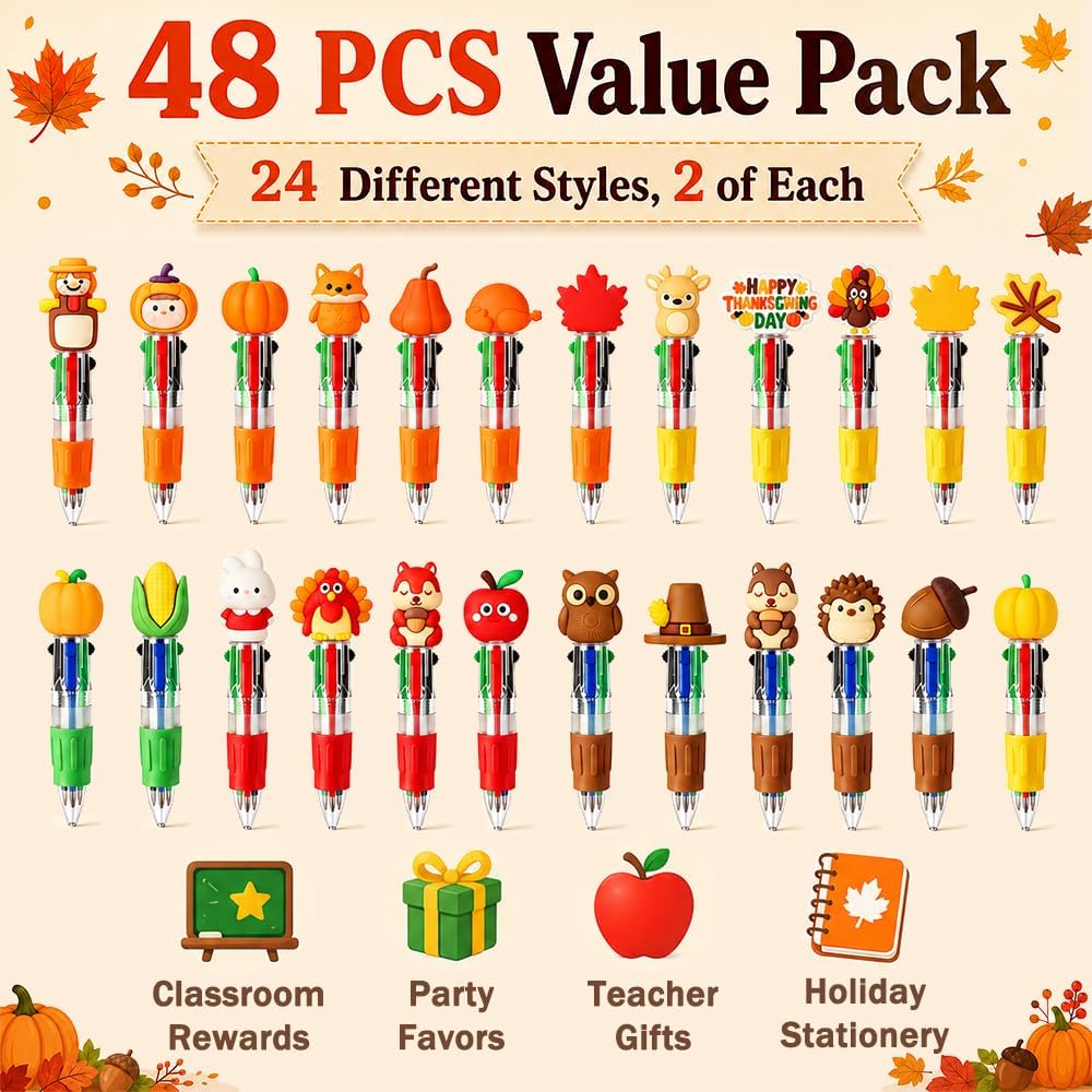 48PCS Thanksgiving Fun Pens Cute Autumn 4-in-1 Multicolor Gift Pens Bulk image 3