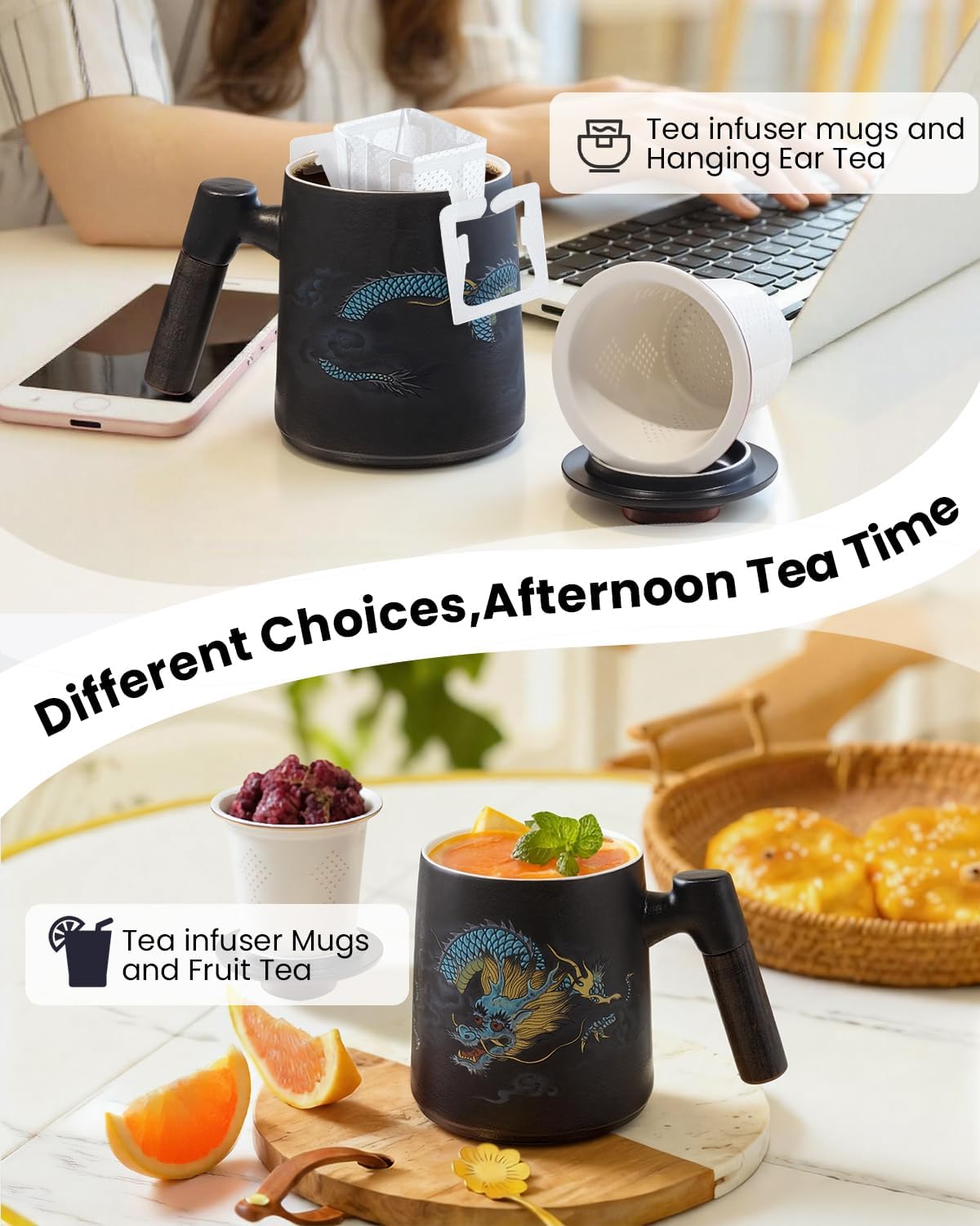 Porcelain Tea Cup with Infuser and Lid,Ceramic Tea Mug for Loose Leaf,Tea Strainer Cup with Wood Handle,Chinese Dragon Black Cup,All Ceramic Infuser,BPA-Free for Tea Lovers/Birthday/Easter's Day - Image 7