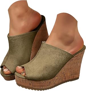 Wedge Sandals for Women Platform High Heels Summer Mule Slip On Comfortable Arch Support Peep Toe Sandals Womens Cork Suede Slippers Chunky Wedges Slides Beach Vacation Casual Shoes