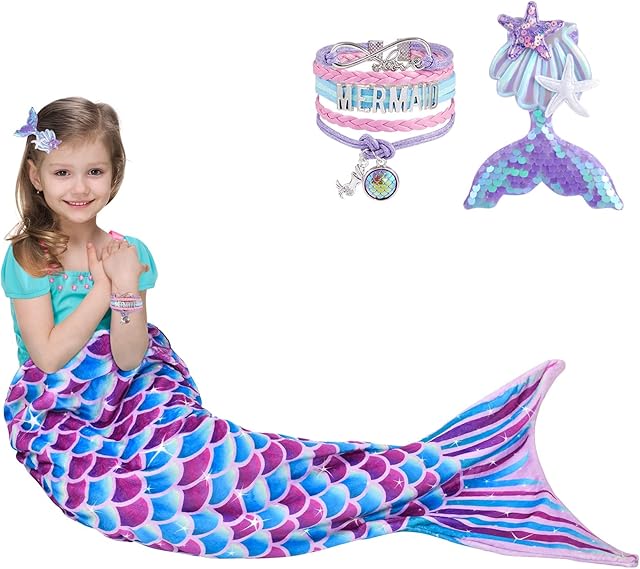 WERNNSAI Mermaid Tail Blanket - Wearable Mermaid Blanket with Sequin Hairpin Bracelet for Girls Teens Purple Blue Soft Flannel Snuggle Blanket 140 x 60cm Gift for Birthday Christmas