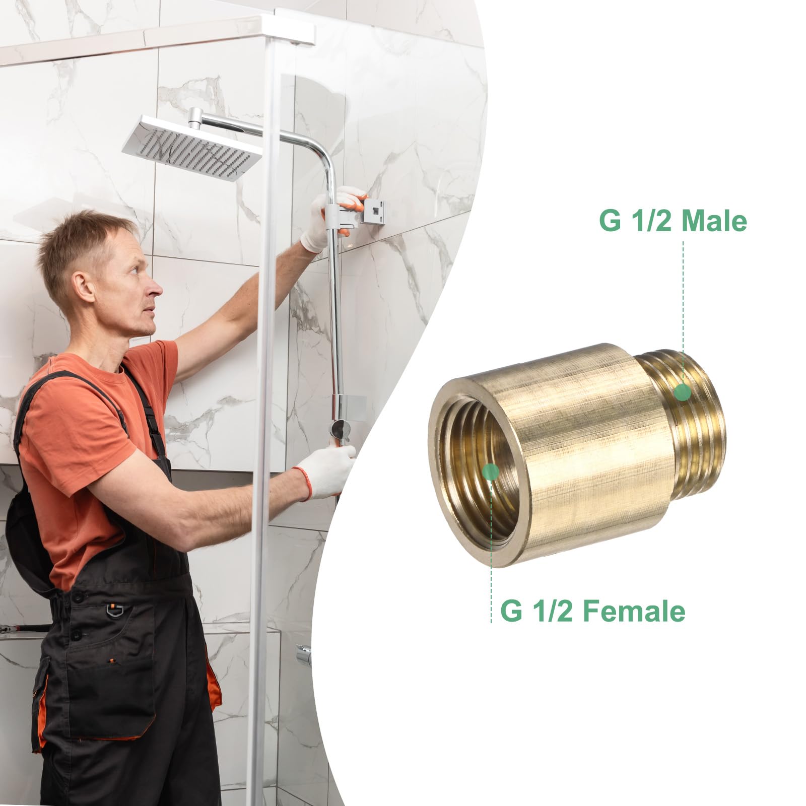 M METERXITY 1-Set Shower Head Extension Arm, Brass G1/2 Male to Female Extension Pipe Fitting Adapter with PTFE Thread Seal Tape for Shower/Faucet, Pipe Plumbing Coupler 1.18"/30mm 3pcs - Image 4