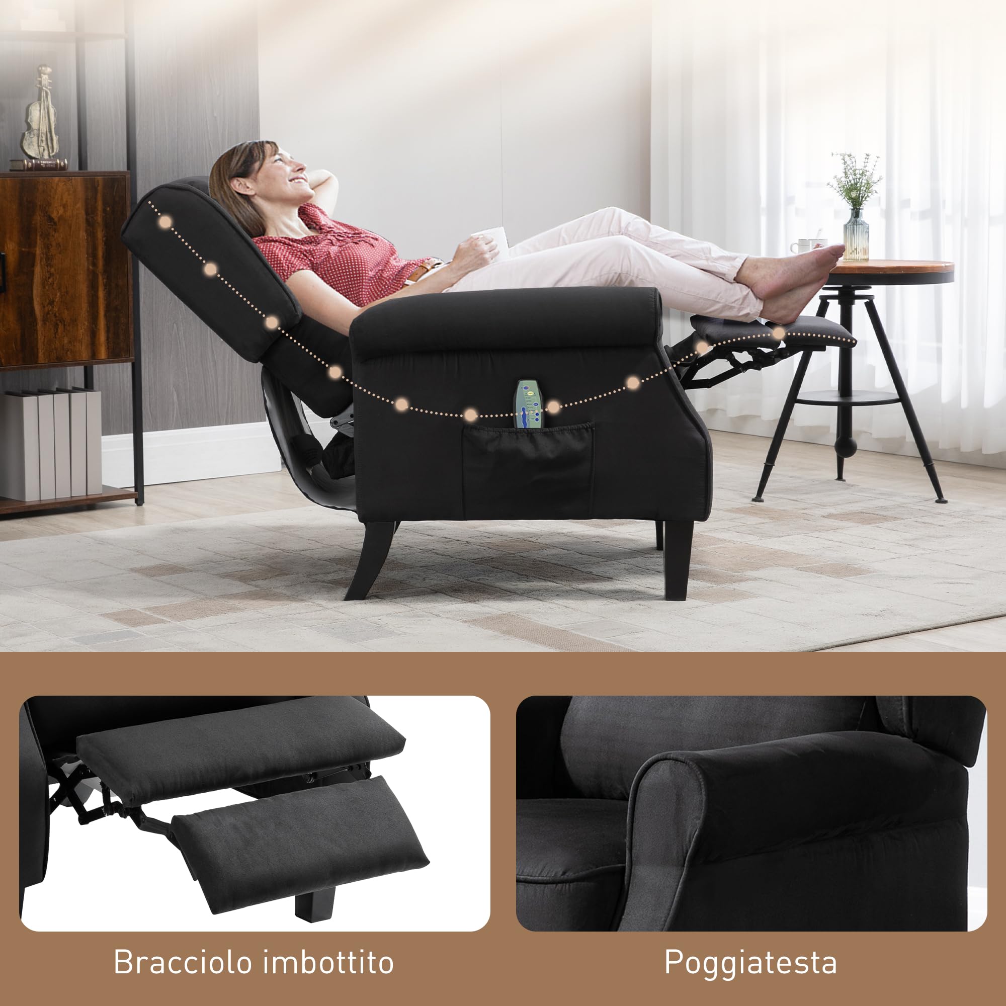 HOMCOM Poltrona Massaggiante Relax Reclinabile con Funzione Riscaldante e Telecomando, 78x83x101cm, Nero