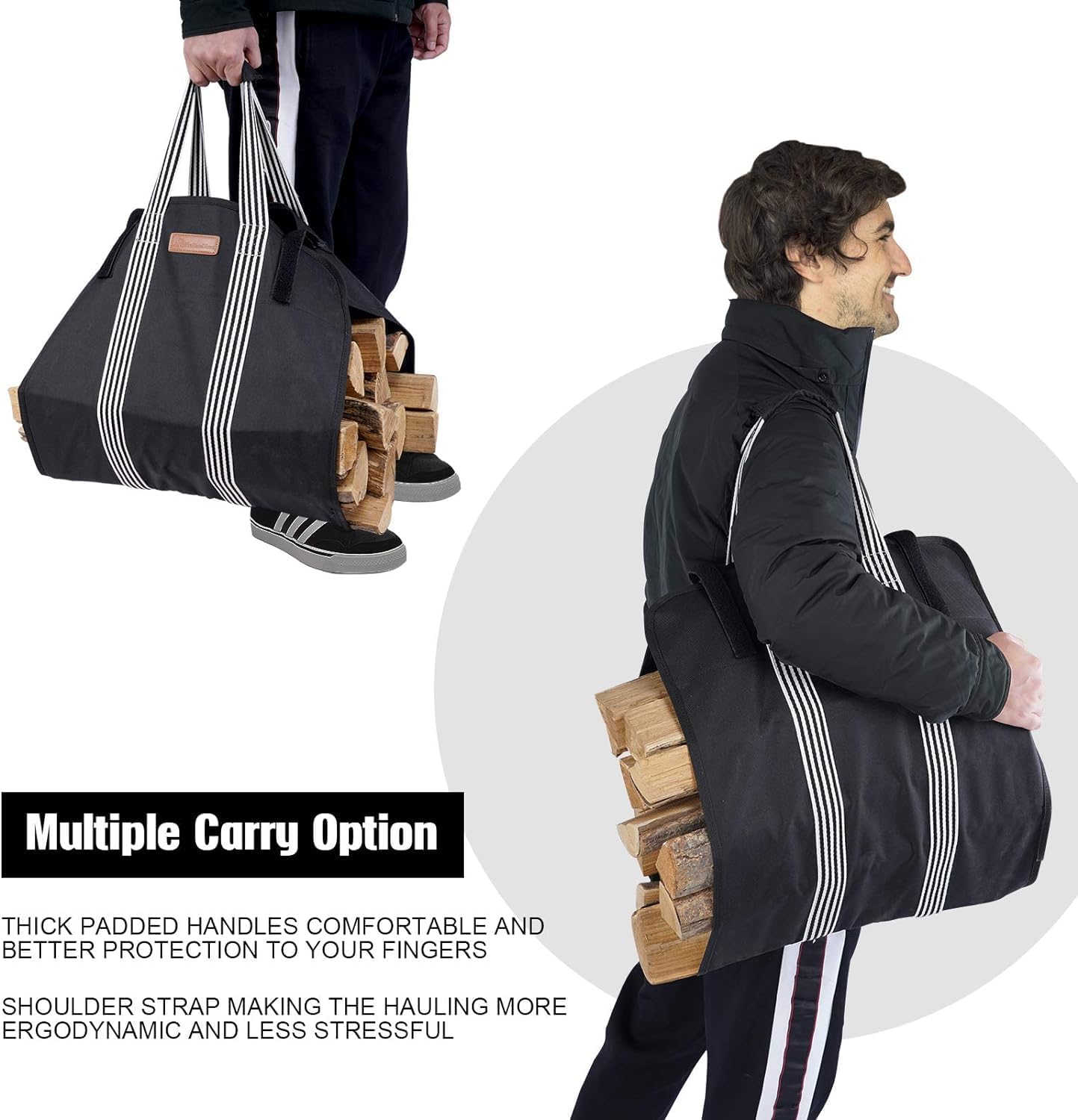 Indoor Heavy Firewood Log Carrier Tote, Oxford Canvas Fabric Foldable Wood Carrier Padded Handles, Outdoor Large Capacity Firewood Carrier Bag with Hook and Loop - Image 3