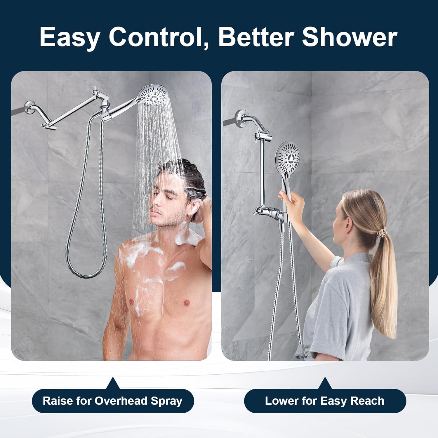 BRIGHT SHOWERS Brass Shower Head Extension Arm for Rain and Handheld Shower Head, 10 Inch Universal Shower Arm Extender, Height & Angle Adjustable, Chrome
