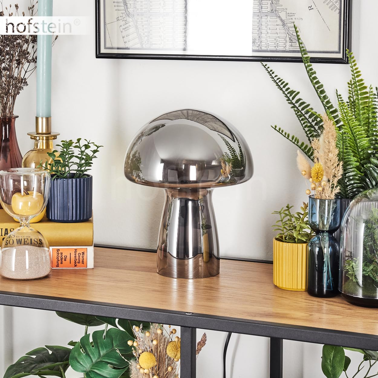 Lampe de table Almagre, en métal/verre noir/chrome/fumée, lampe au design moderne vintage/rétro avec abat-jour en verre (Ø 18 cm) et interrupteur marche/arrêt sur le câble, 1 x E14, sans ampoule