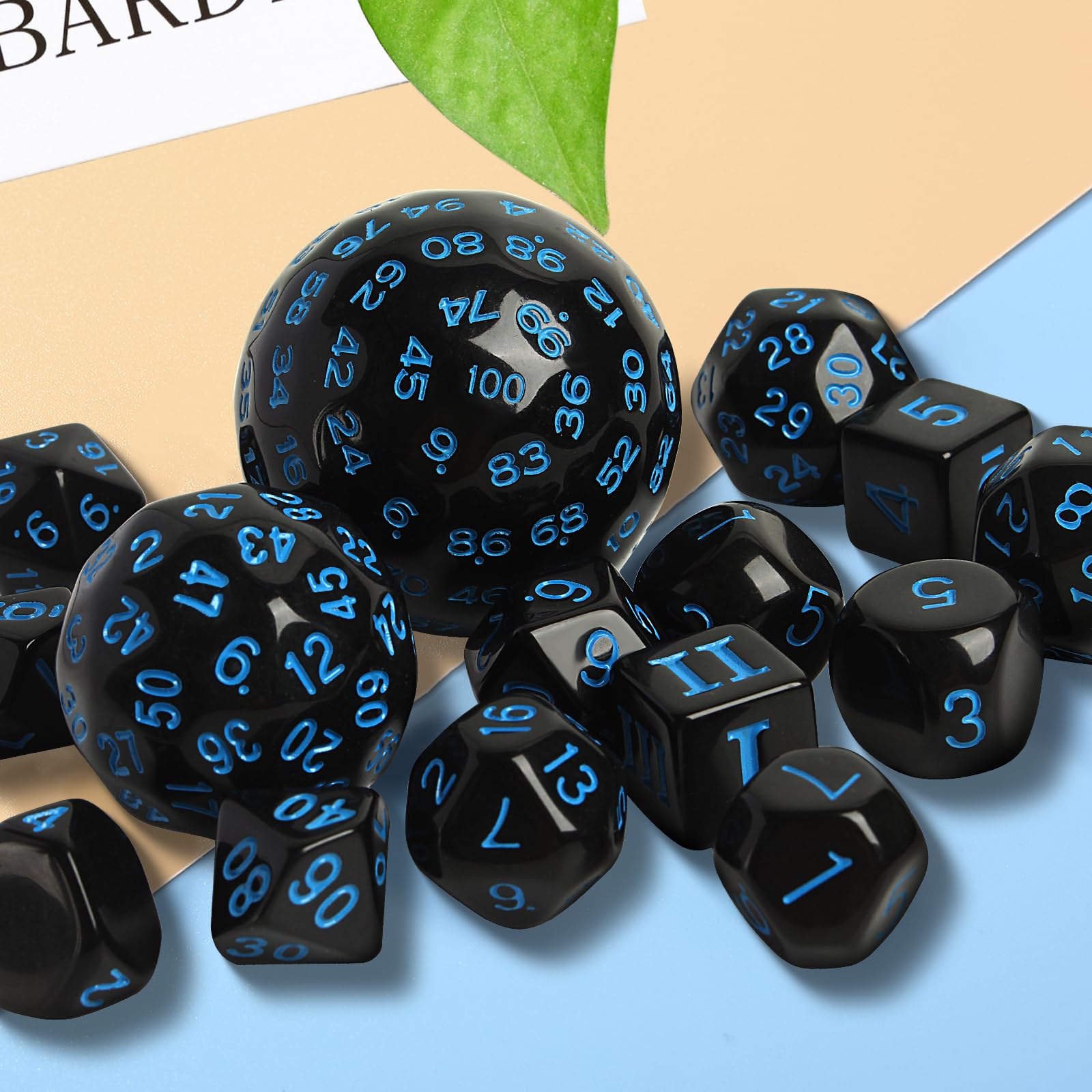 Lot de 6 dés polyédriques complets D3-D100 (15 pièces) pour jeux de table TRPG (noir)