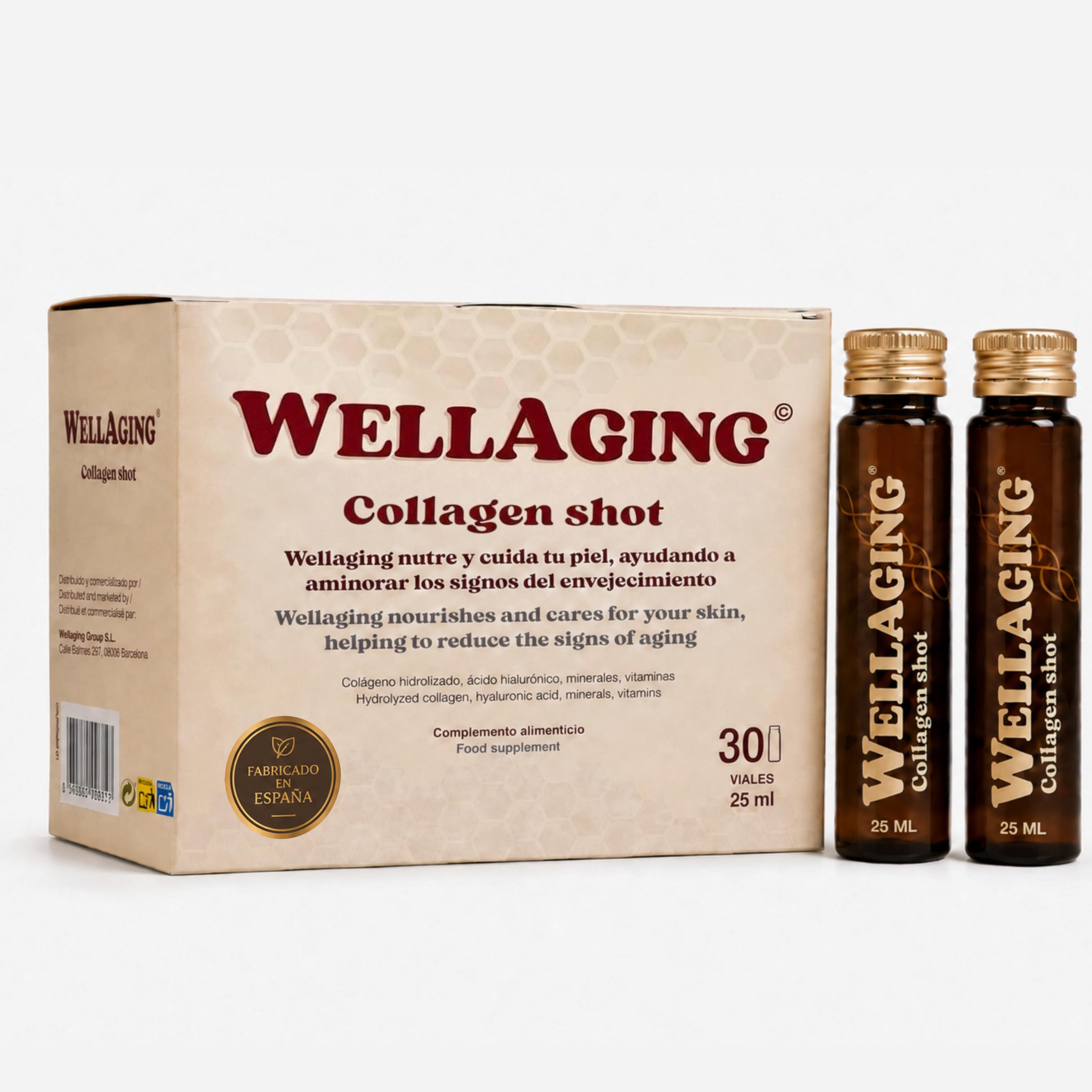 WellAging 30 Viales Colágeno Bovino Hidrolizado Tipo 1 5000 mg con Ácido Hialurónico, Vitamina C, Zinc y Biotina · Colageno Bebible Liquido · Piel, Cabello, Uñas y Articulaciones · Fabricado en España