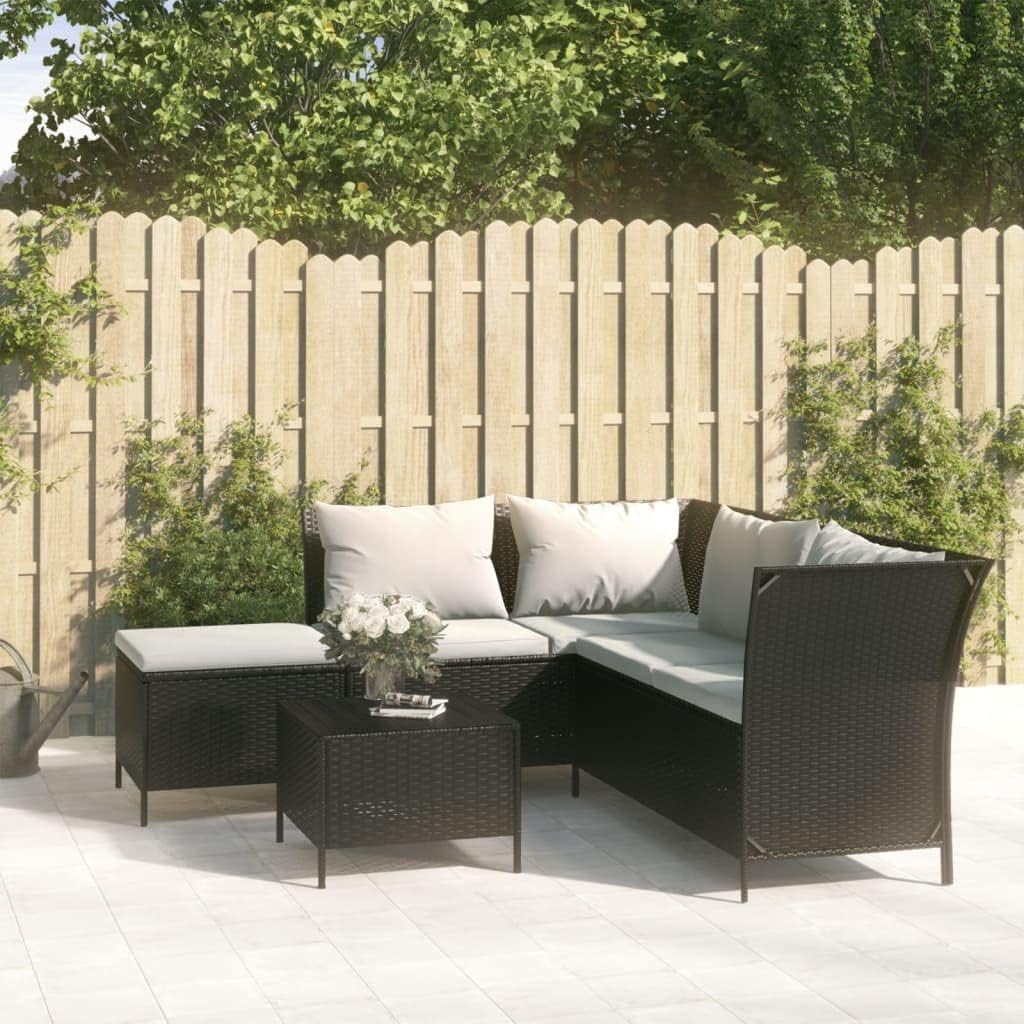 4 Piece Black Poly Rattan Garden Lounge Set with Cushions, Modern Outdoor Furniture for Patio, Weather-Resistant Corner Sofa with Storage Space and Water-Resistant Bag