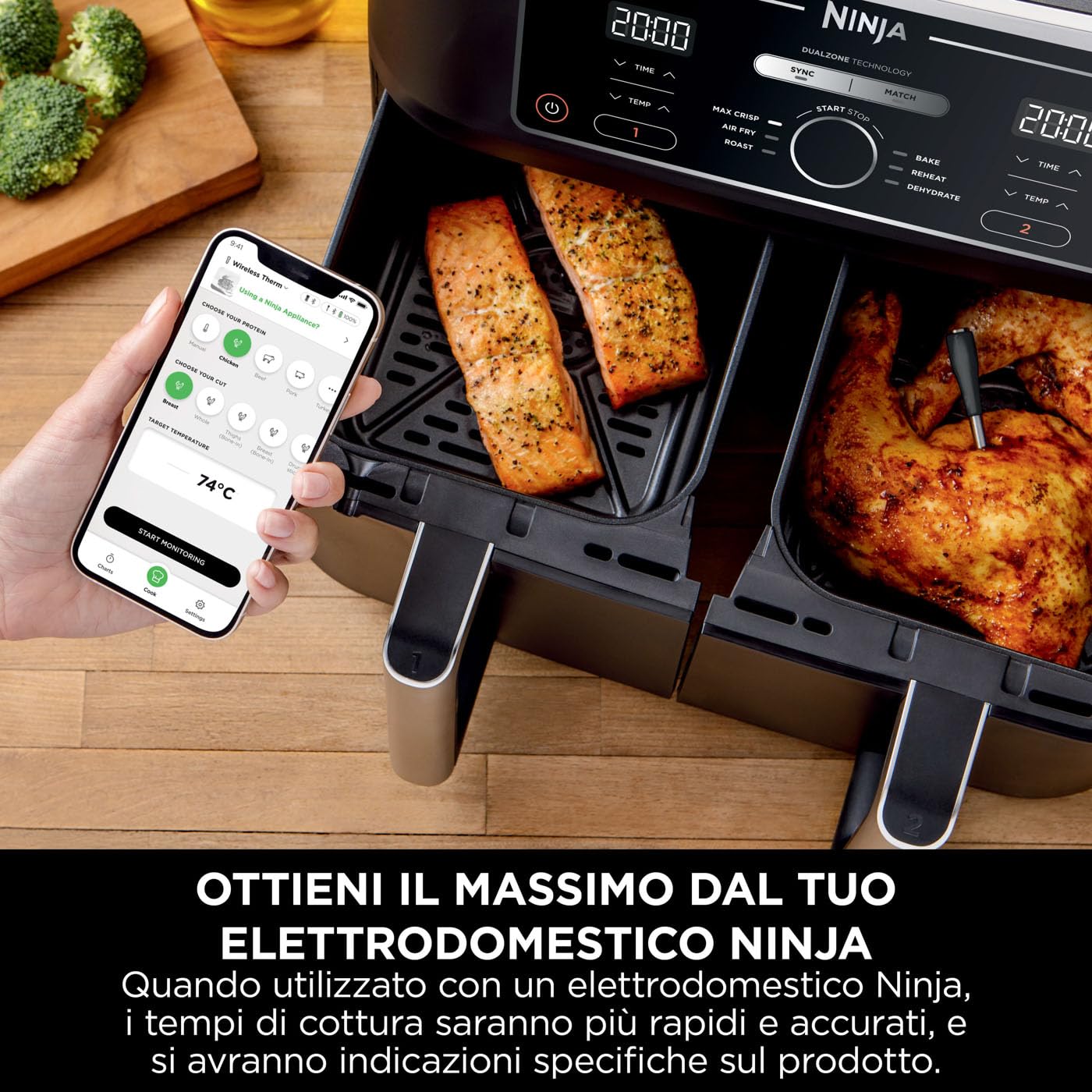 Ninja ProChef Termometro a Sonda Wireless per Carne, per Grigliare e Friggere ad Aria, con Bluetooth, Durata Batteria di 30 ore, Controllabile con App, Resistente al Calore, Impermeabile, WP100EU