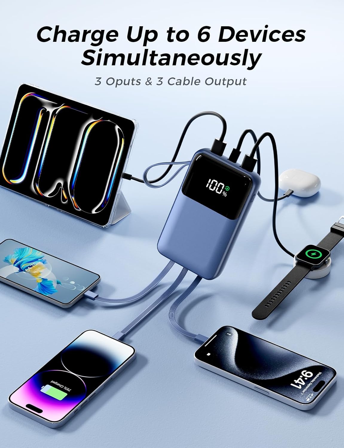 Power Bank, 15000mAh Portable Charger with Built in Cable, 22.5W Fast Charging, Slim Travel Essential Battery Pack with LED Display, Compatible with iPhone 17/16/15/14/13, Samsung, iPad DarkBlue - Image 3