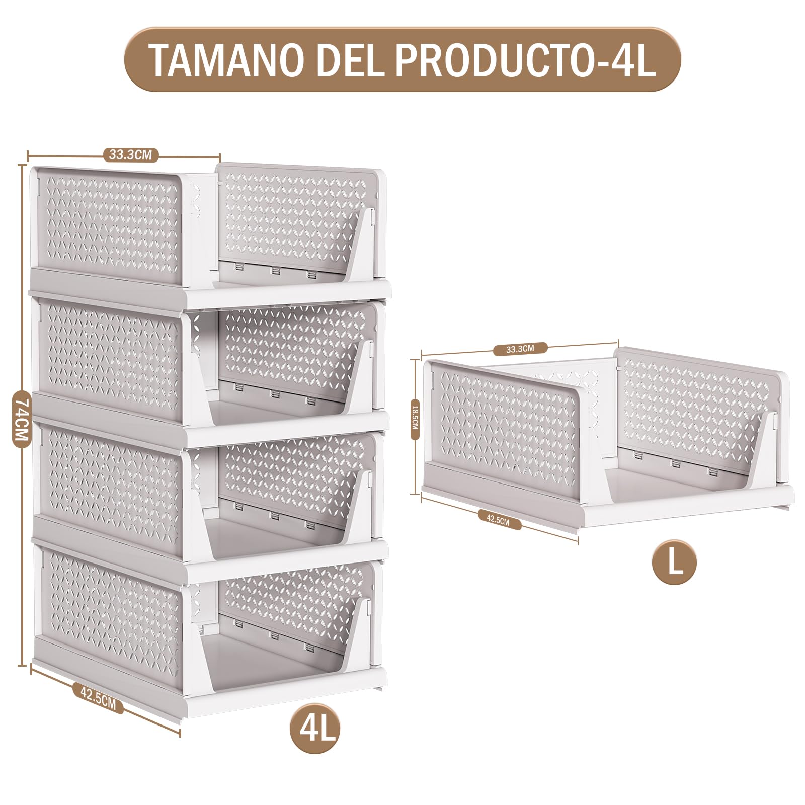 TidyIsles Organizador Armario Plegable Apilable 4 Unidades, Cajonera Plástico Separadores, Almacenamiento Ropa para Dormitorio Baño Blanco