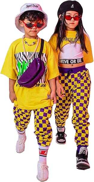 Amazon Co Jp 子供服 キッズダンス衣装 ヒップホップ ダンス衣装 男の子 女の子 へそ出しトップス Tシャツ チェックズボン K Pop 韓国 黄色 かっこいい Jazz Hiphop 演出服 パンツのみ 1 服 ファッション小物