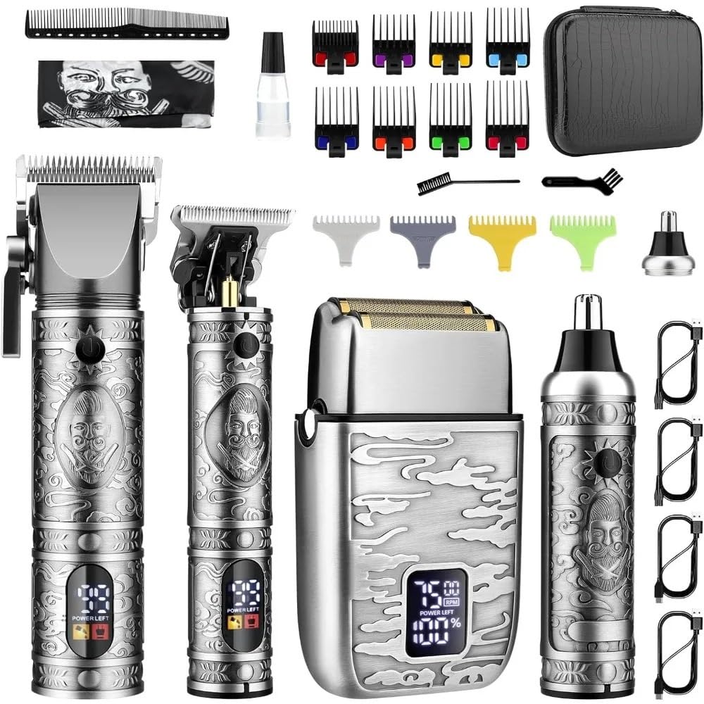 Tagliacapelli da uomo, kit di regolabarba professionale, senza fili, rasoio elettrico, con display a LED (argento)