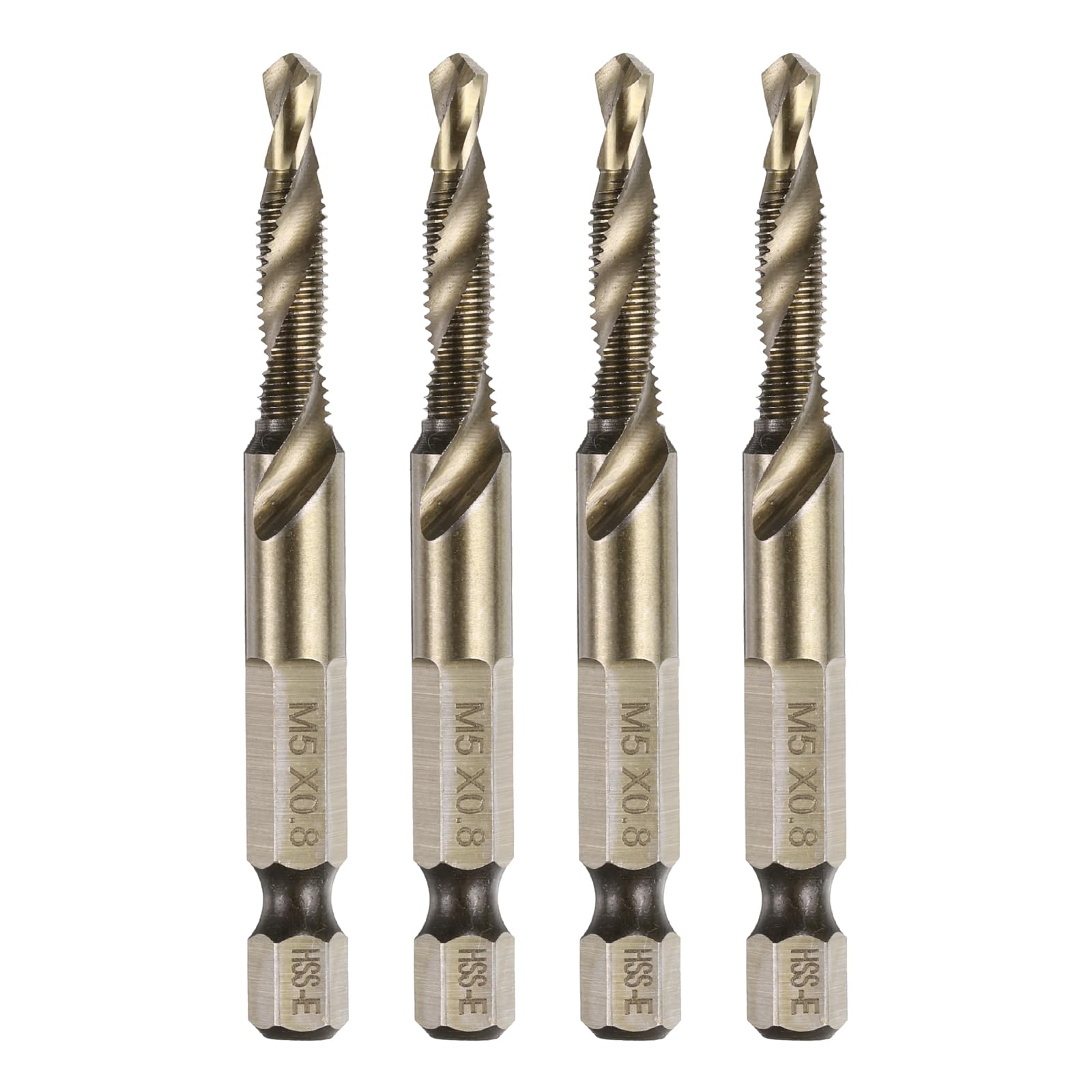 QUARKZMAN 4 Piezas Barrenas de Taladro y Roscado Métrico M5 x 0.8 Rosca Vástago Hexagonal de 1/4" Tornillos de Roscado Amarillo Tostado Barrenas de Alta Velocidad de Acero 6542