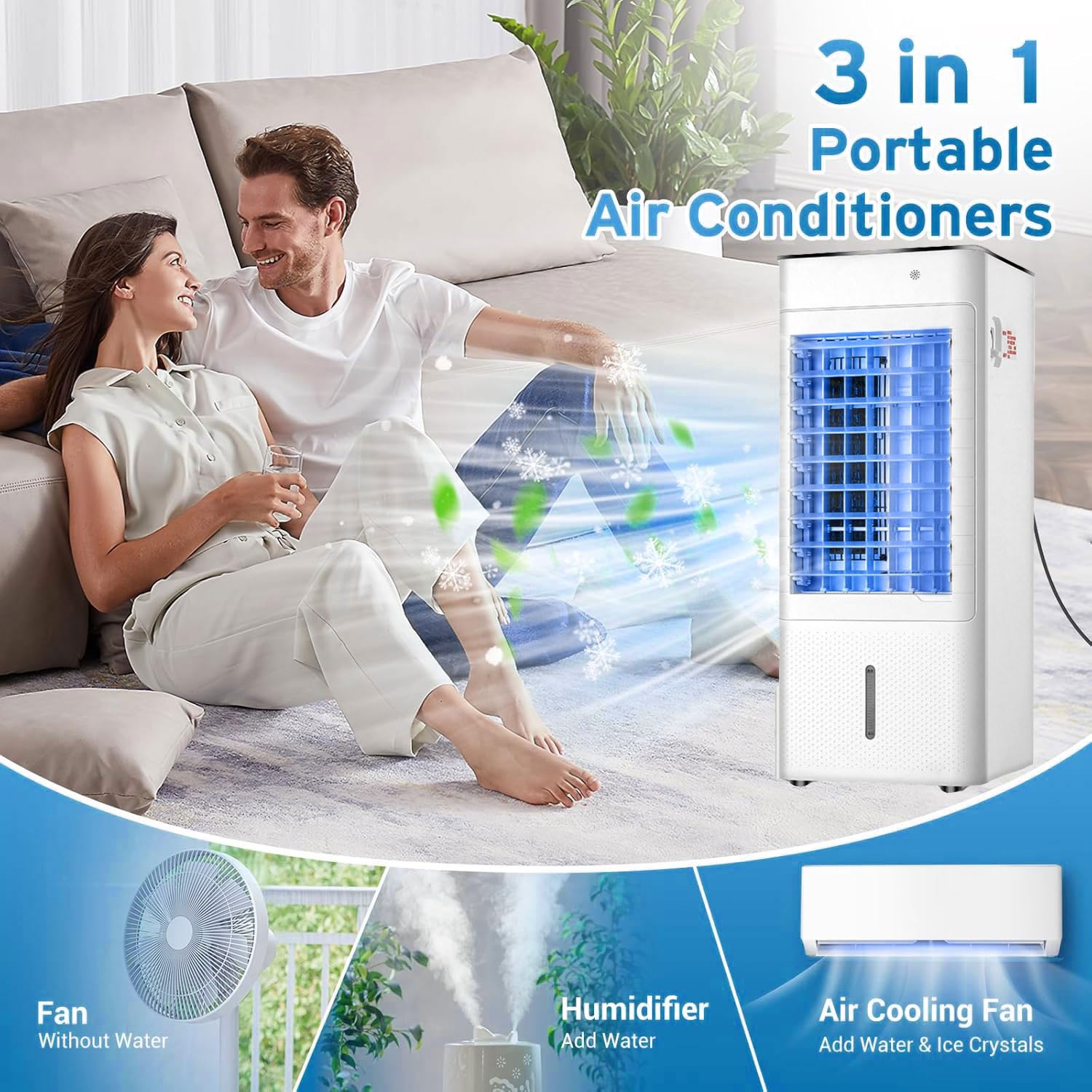 Aire Acondicionado portátil sin Ventana, 3 en 1, Enfriador de Aire evaporativo con Control Remoto, Temporizador de 12 Horas, 3 velocidades y 3 Modos de enfriamiento, Unidad de Aire acondicio