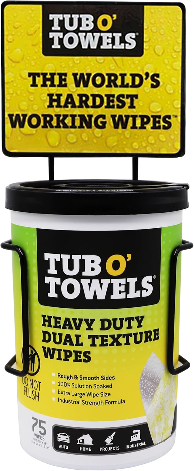 Tub O' Towels Heavy-Duty Dual Texture Wipes, 75 Count Bundle with Wall Mount Bracket Bundle