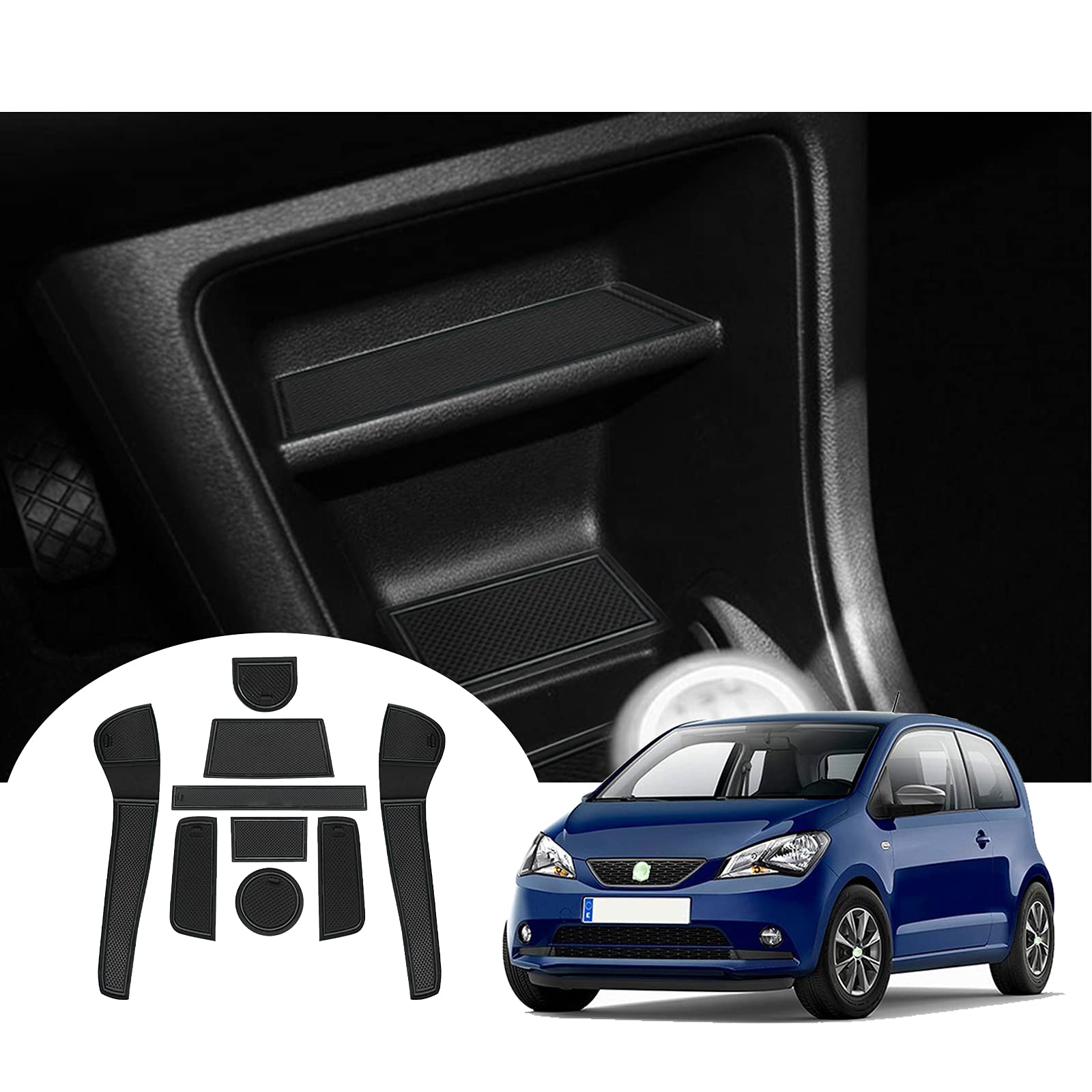 GAFAT Tappetini Antiscivolo per VW UP/Seat Mii/Skoda Citigo 2013-2023 2024, Tappetini in Gomma per Portaoggetti Bracciolo, Portabicchieri, Scanalatura Porta, Interni V W UP Accessori (Nero)