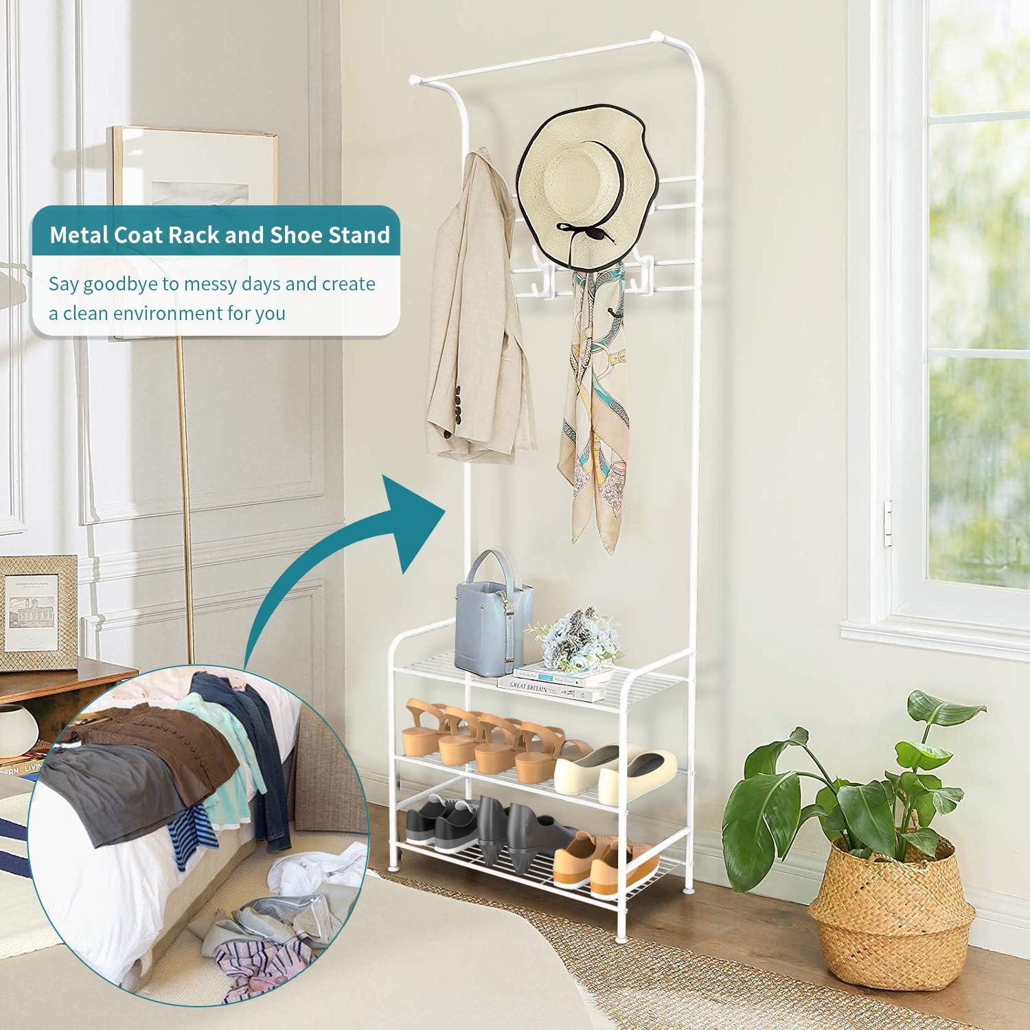 alvorog Entryway Coat Rack Shoe Bench, 3-in-1 Hall Tree, 3-Tier Storage Shelves with 16 Hooks Multifunctional Hallway Organizer, Easy Assembly (White) : Home & Kitchen