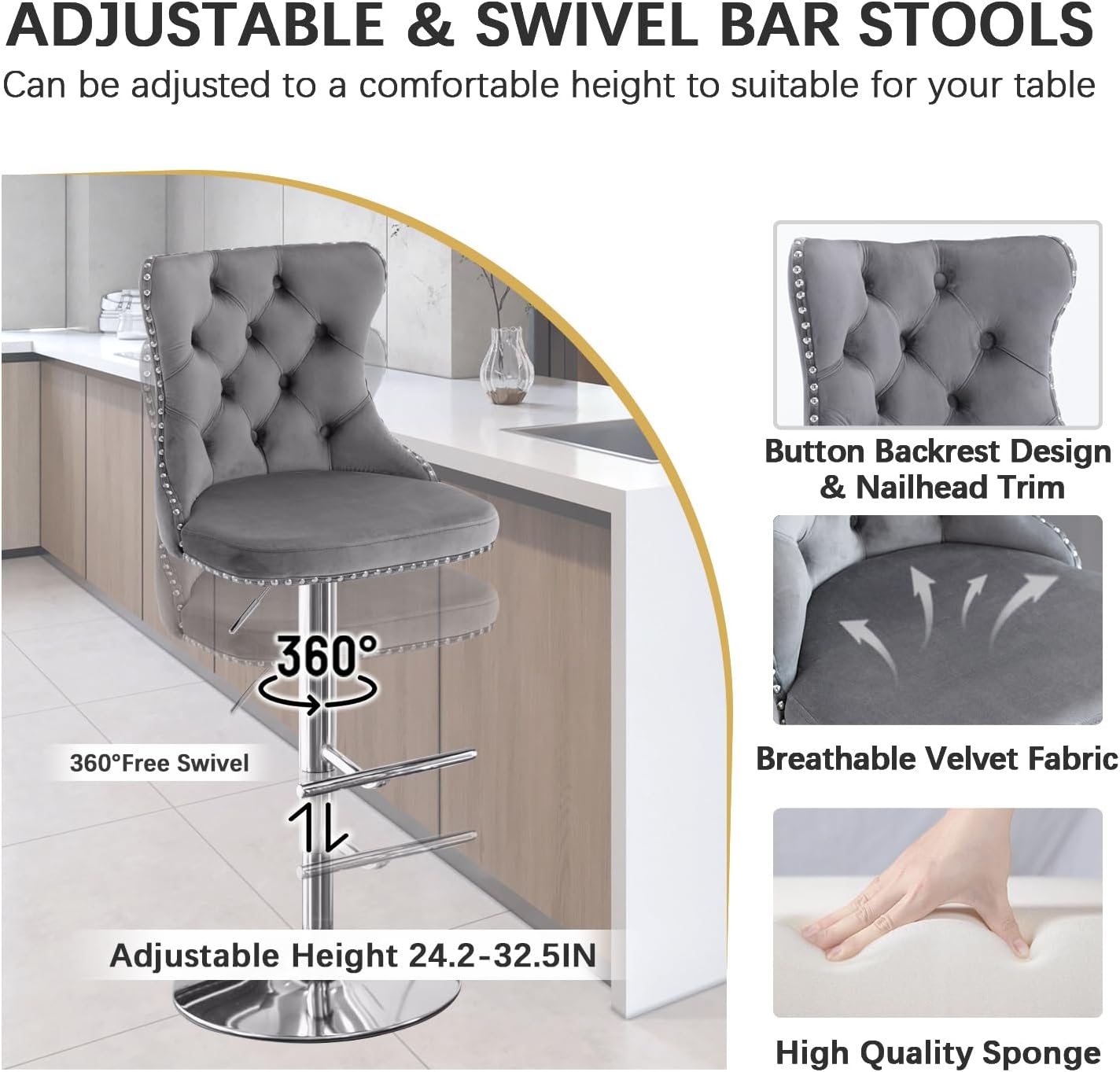 3 PCS Round Glass High Top Bar Table Set, Rustic Swivel Bar Stools Island Chair, Small Circle Pub Table & 2 Adjustable Velvet Counter Stools with Back (Silver Metal Leg, Clear Top + Grey Chair)