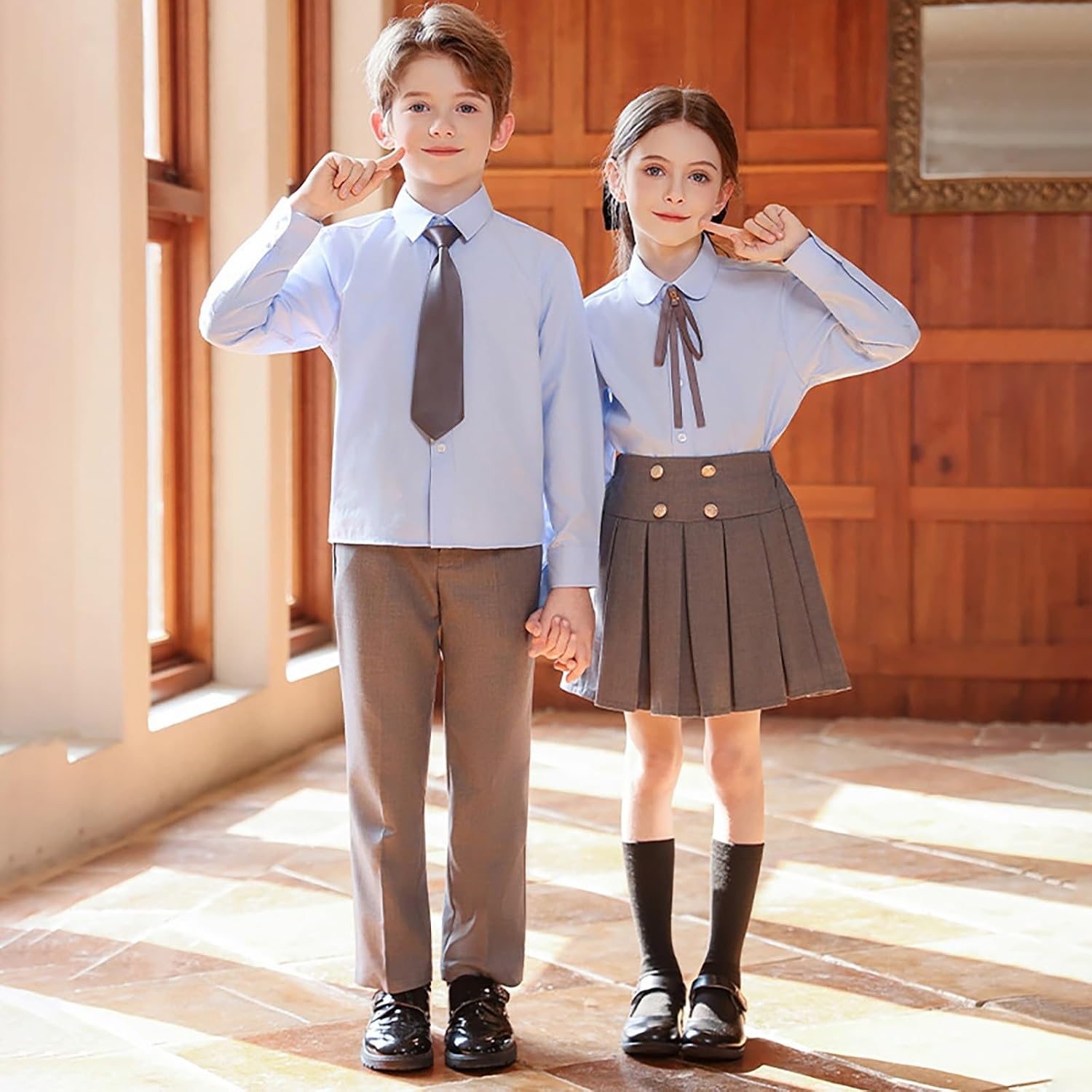 Boys 3 Piece School Uniform Outfit with Dress Shirt, Pant and Bow Tie Sets