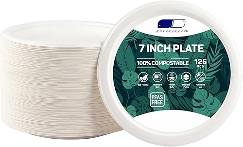Platos de papel de 7 pulgadas, 125 piezas, platos de papel desechables 100% compostables, platos de fiesta de fibras de caña de azúcar naturales