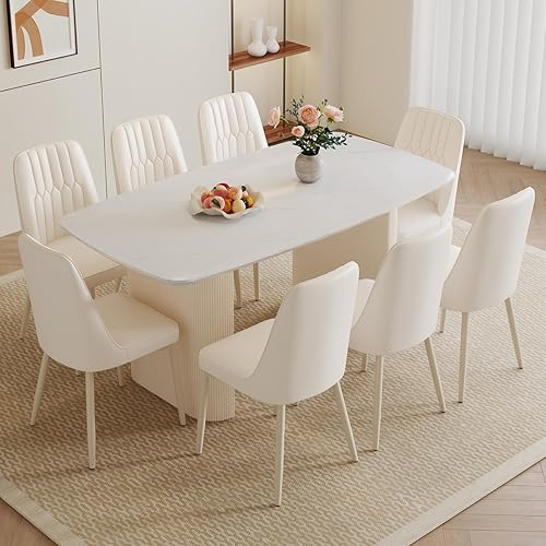 Miniatura 34 de Ebullient Juego de mesa de comedor blanca de 67'' para 6, juego de sillas de mesa de cocina con elegante base de pedestal ondulado, juego moderno
