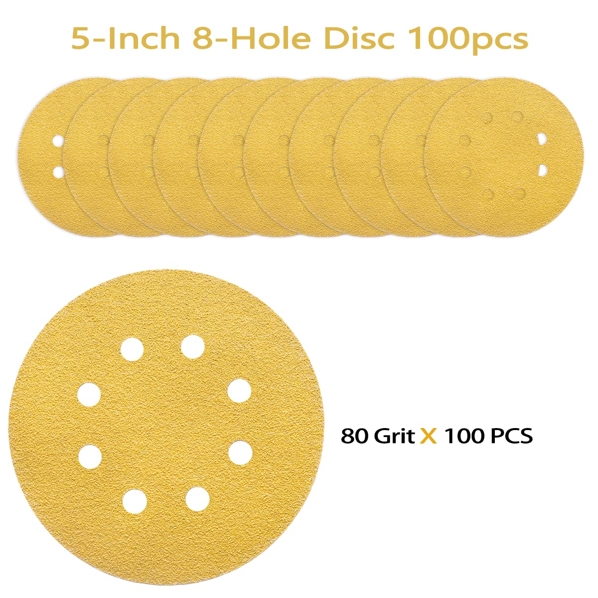 100 dischi abrasivi da 12,7 cm, grana 80, carta vetrata per levigatrice orbitale casuale | Premium Gold Orbital Sander Pads,Hook and Loop carta abrasiva dischi levigatrici,Dischi abrasivi per metallo, auto, legno