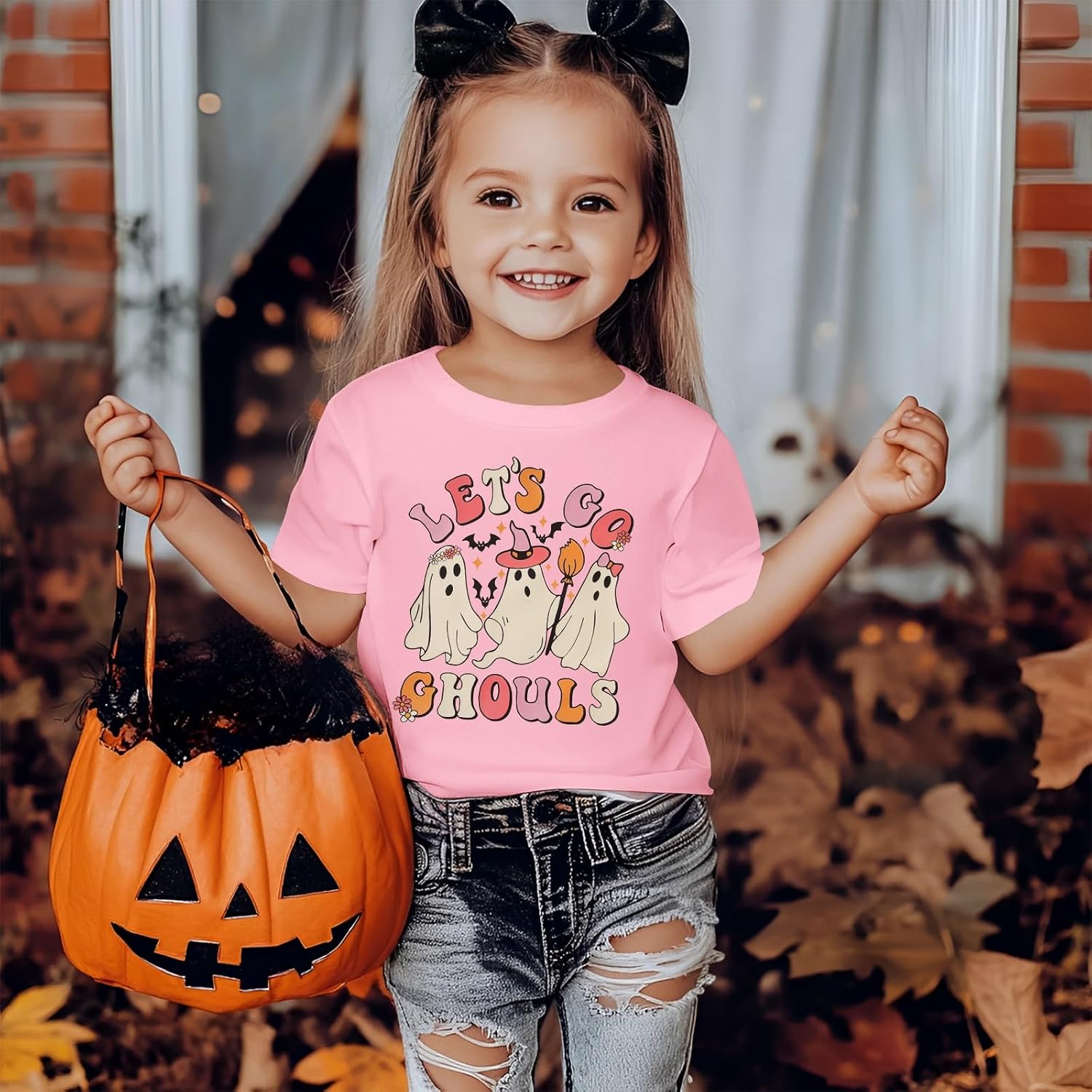 MODNTOGA Halloween Outfit Toddler Girls Let's Go Ghouls Shirt Funny Ghost Graphic T-Shirt Spooky Season Short Sleeve Tee Tops