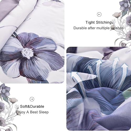 Miniatura 6 de Drucon Juego de edredón floral tamaño Queen, 3 piezas con estampado floral morado sobre blanco, juego de ropa de cama de microfibra suave para todas