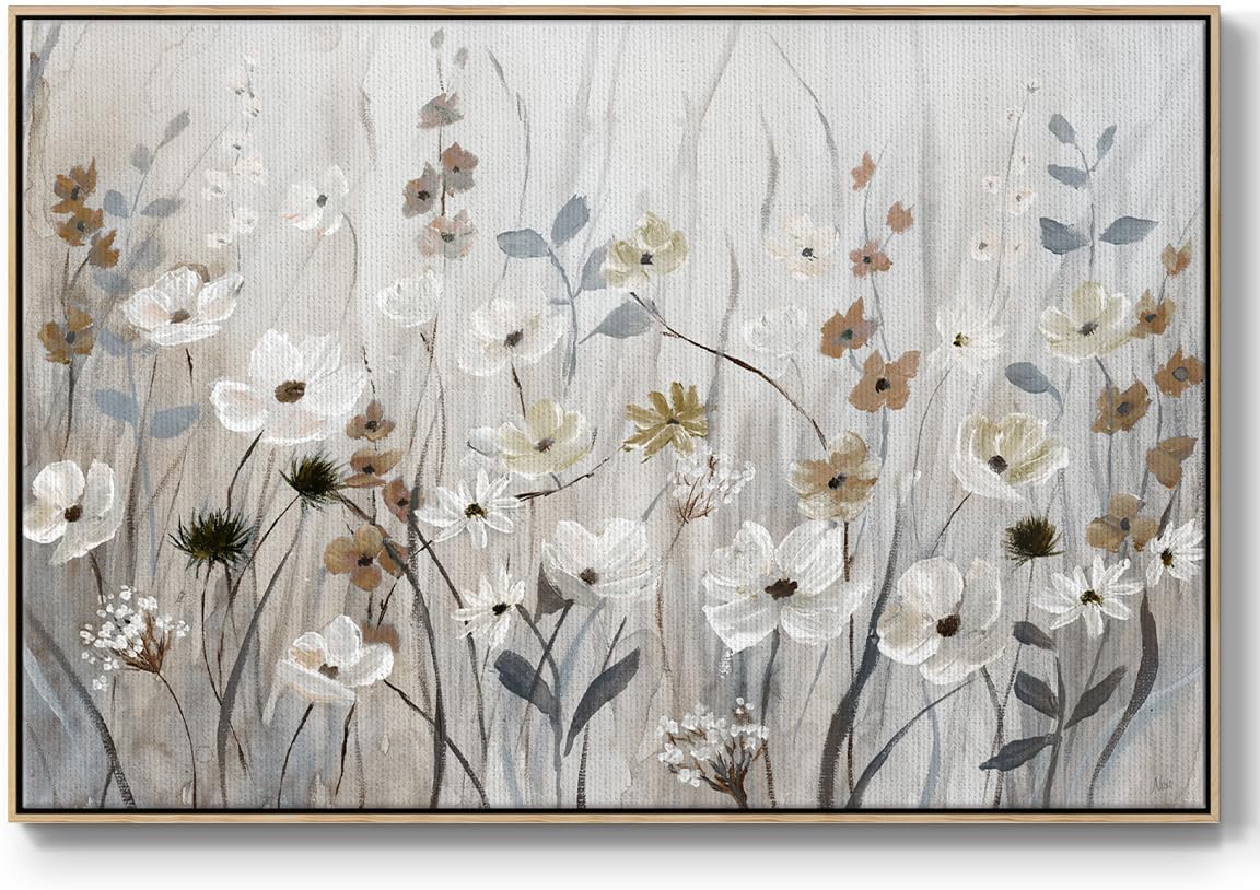 Renditions Gallery Floral Wall Art Paintings & Prints Misty Meadow Field Watercolor Floater Framed Artwork for Home Kitchen Bedroom - 25"X37" Natural Frame GAL007