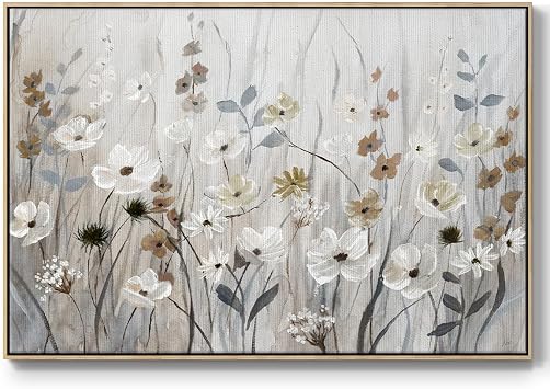 Renditions Gallery Floral Wall Art Paintings & Prints Misty Meadow Field Watercolor Floater Framed Artwork for Home Kitchen Bedroom - 27"X41" Natural Frame GAL007