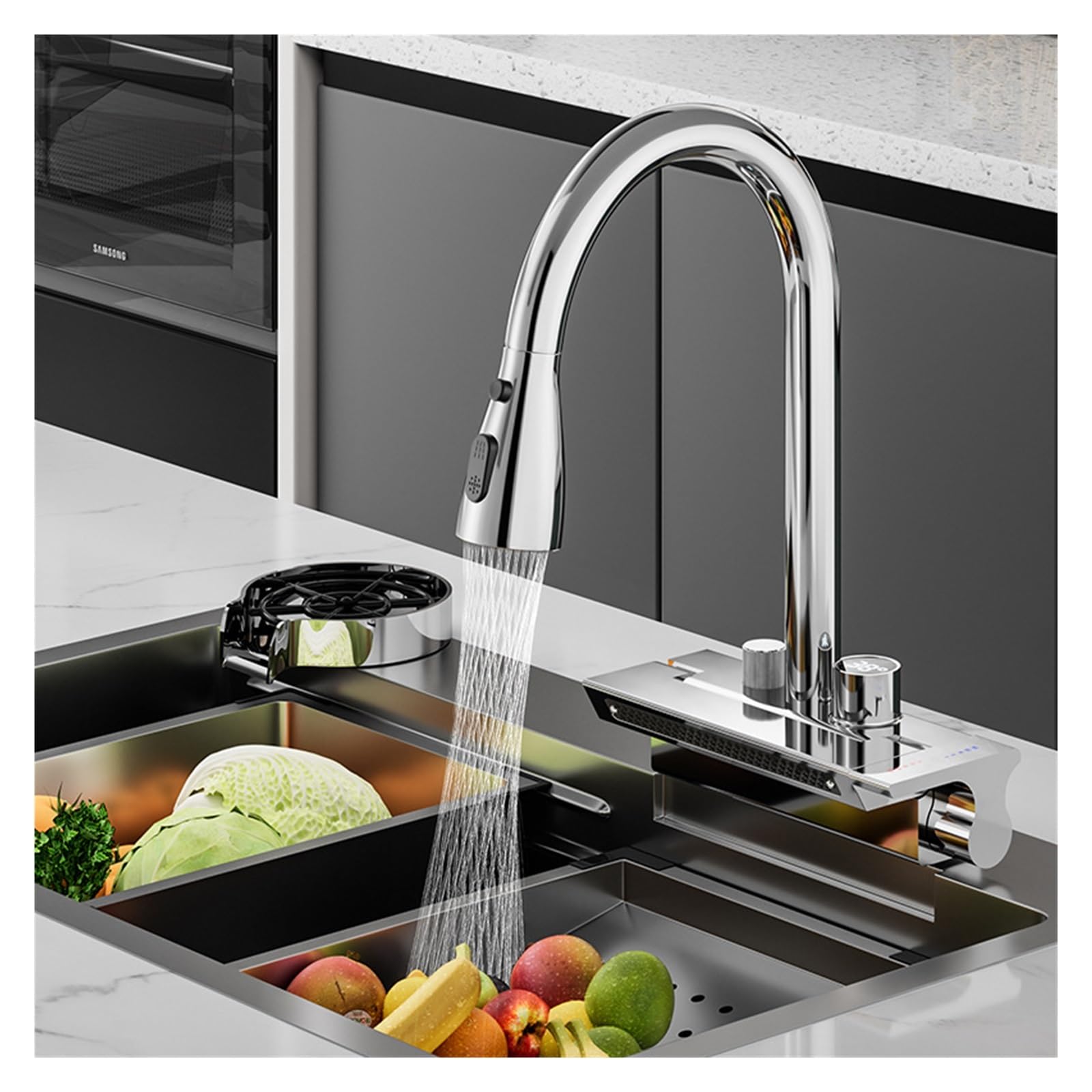 ZYCHSJXA Waterfall 3 Effluent Modes Faucet Basin Sink Single Hole PullOut with Digital Display All Copper Kitchen Faucet(C)