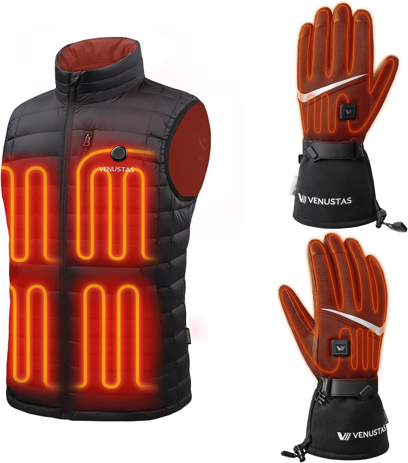 Venustas Men's Heated Down Vest(Black, XL) & Heated Gloves(Black, L), 90% Duck Down with Battery Pack for Hunting & Winter