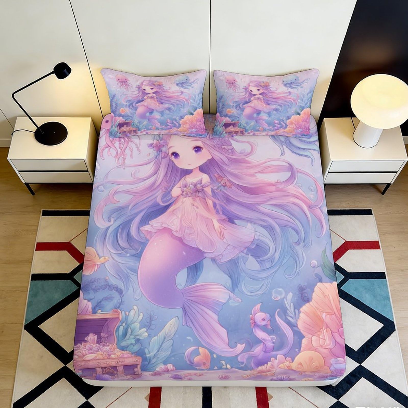 3D Printed Pastel Mermaid Fitted Sheet Microfiber Soft Gradient Fantasy Mattress Cover for Bedroom Dorm Decor Protection 90x200x25cm
