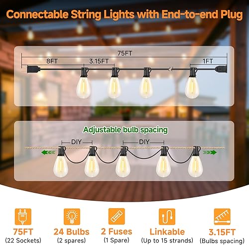 Miniatura 2 de Tira de luces LED S11 de 75 pies para exteriores, luz de patio regulable, con 22+2 bombillas Edison de 2700 K impermeables, inastillables, para