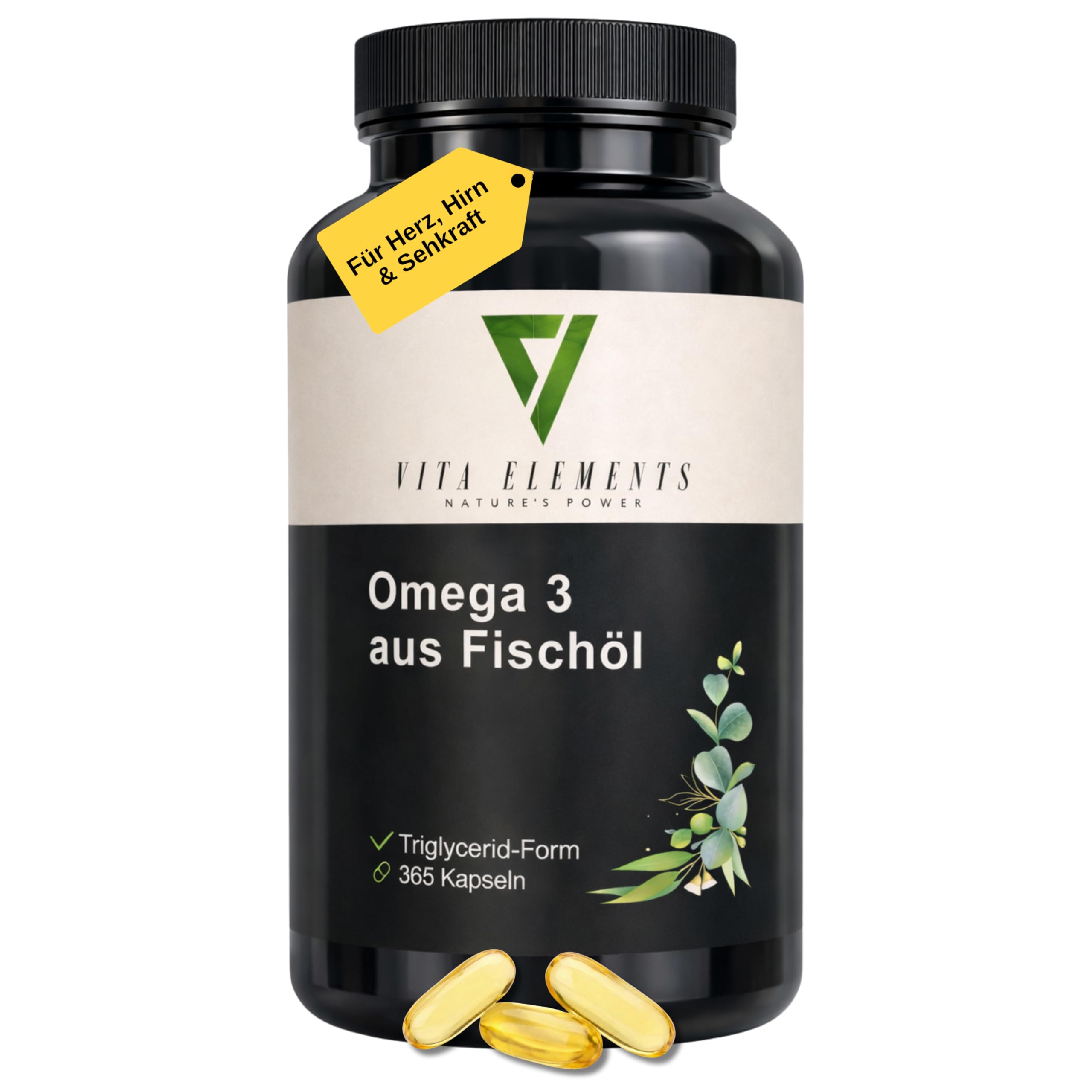 Vita Elements Omega 3-365 Kapseln - 2000mg Fischöl pro Tagesdosis - EPA & DHA in Triglycerid Form - Laborgeprüft - Nachhaltiger Fischfang - Vorrat 6 Monate