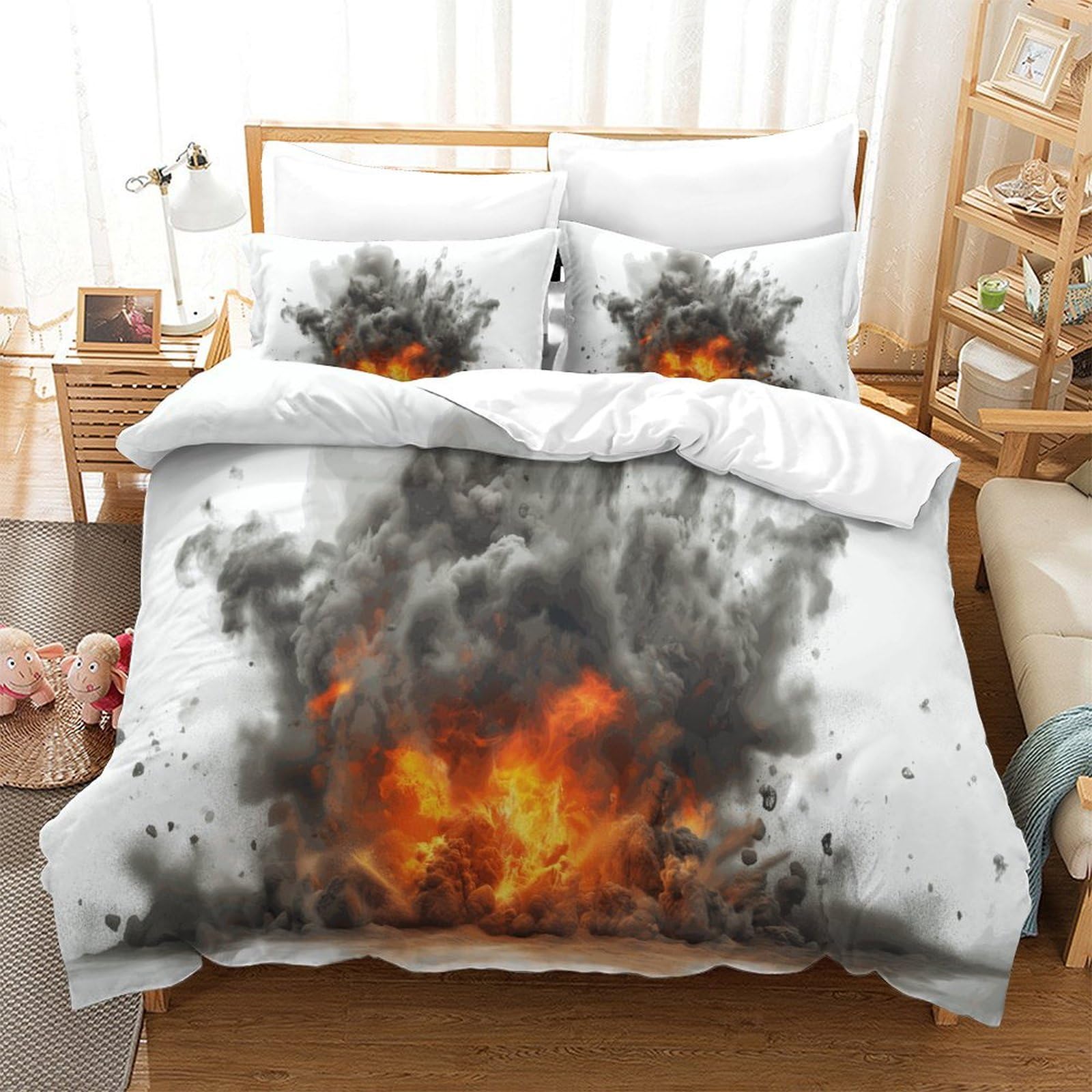 P1s9u7w5y Burning Fire-1 3D Printed Fire Explosion 3Pcs Microfiber Smoke Pattern Duvet Cover Set Bedroom Bedding Set King（220X240cm）