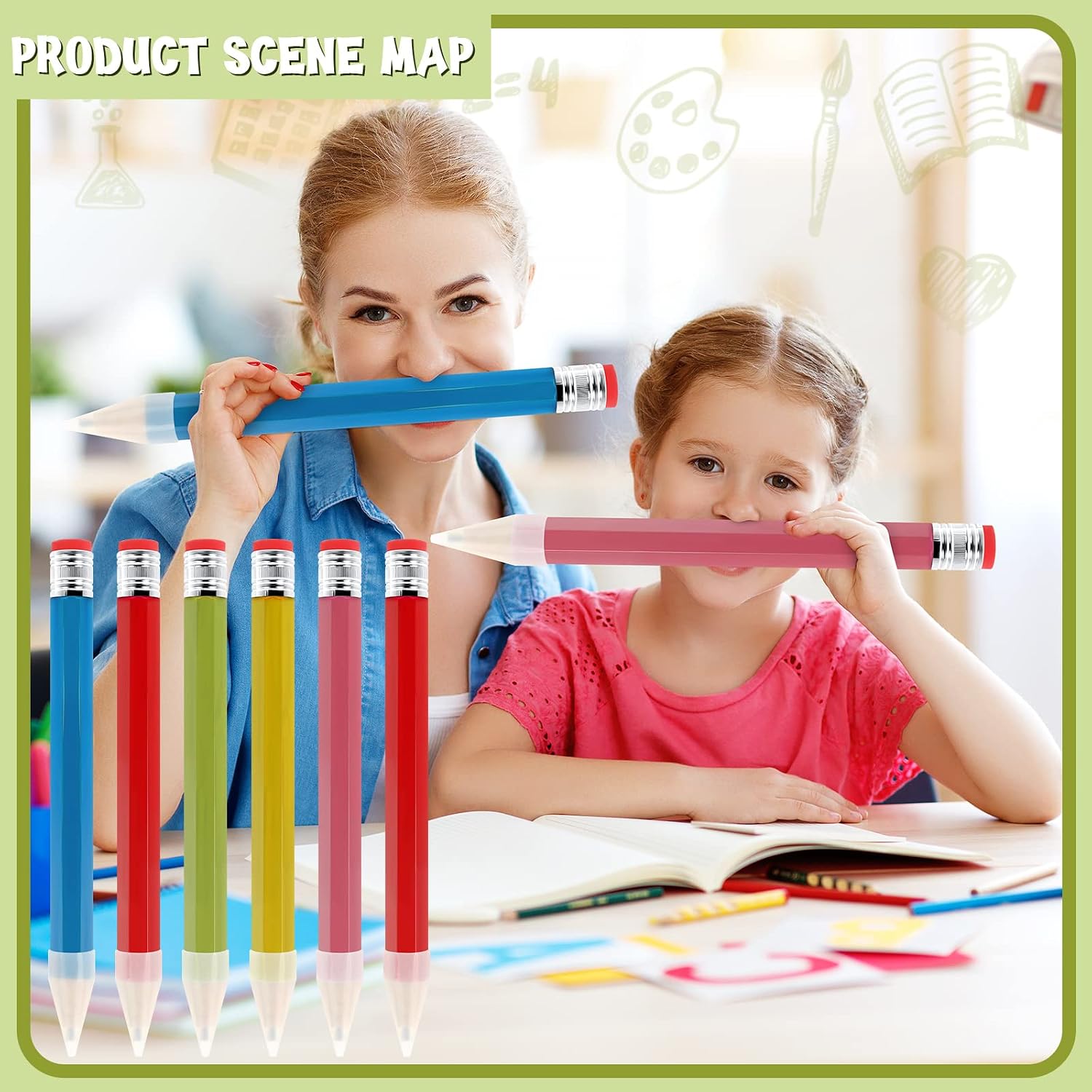 Tinlade 6 Pcs Wooden Jumbo Pencils for Prop, Funny Huge Giant Pencil 14 Inch for Home and School Supplies, Kids, Preschoolers(Multicolored)