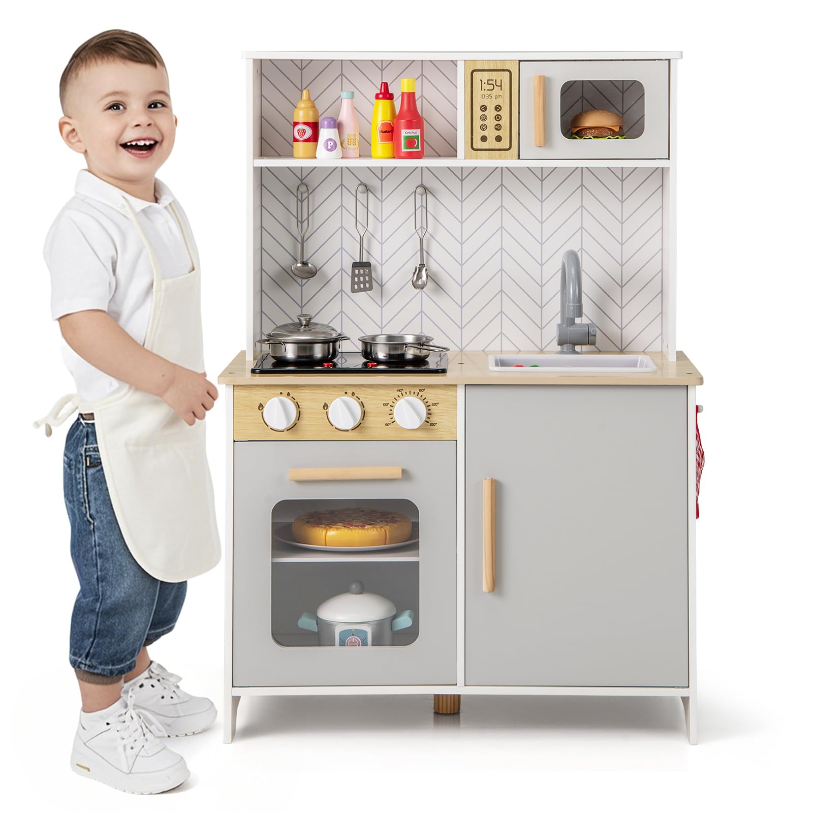 HOMASIS Cucina Giocattolo per Bambini con Luci e Suoni, Cucina Realistica in Legno con 3 Utensili, Rubinetto, Fornello, Microonde e Forno per Bambini da 3+ Anni (Bianco)