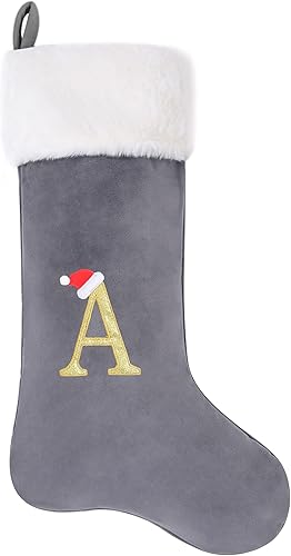 AUAWMLK Calcetines de Navidad bordados con letras de 20 pulgadas, terciopelo gris grueso con puño de felpa súper suave, decoración de festivales