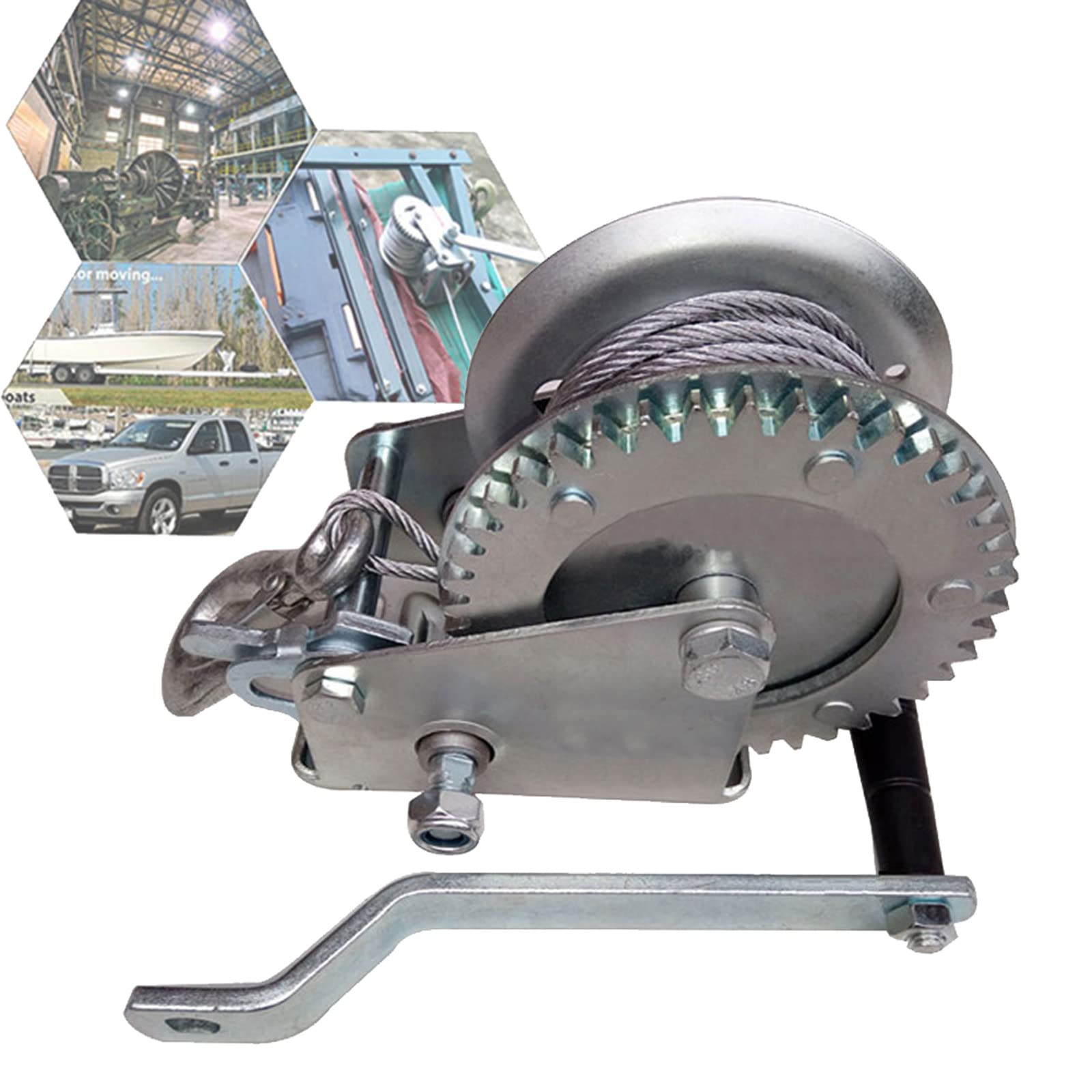 Handwinde mit Bremse, 544.3 kg Handkurbelgetriebe mit Haken und Griff für Boote ATV Anhänger, Professionelle Edelstahl Manuelle Seilwinde